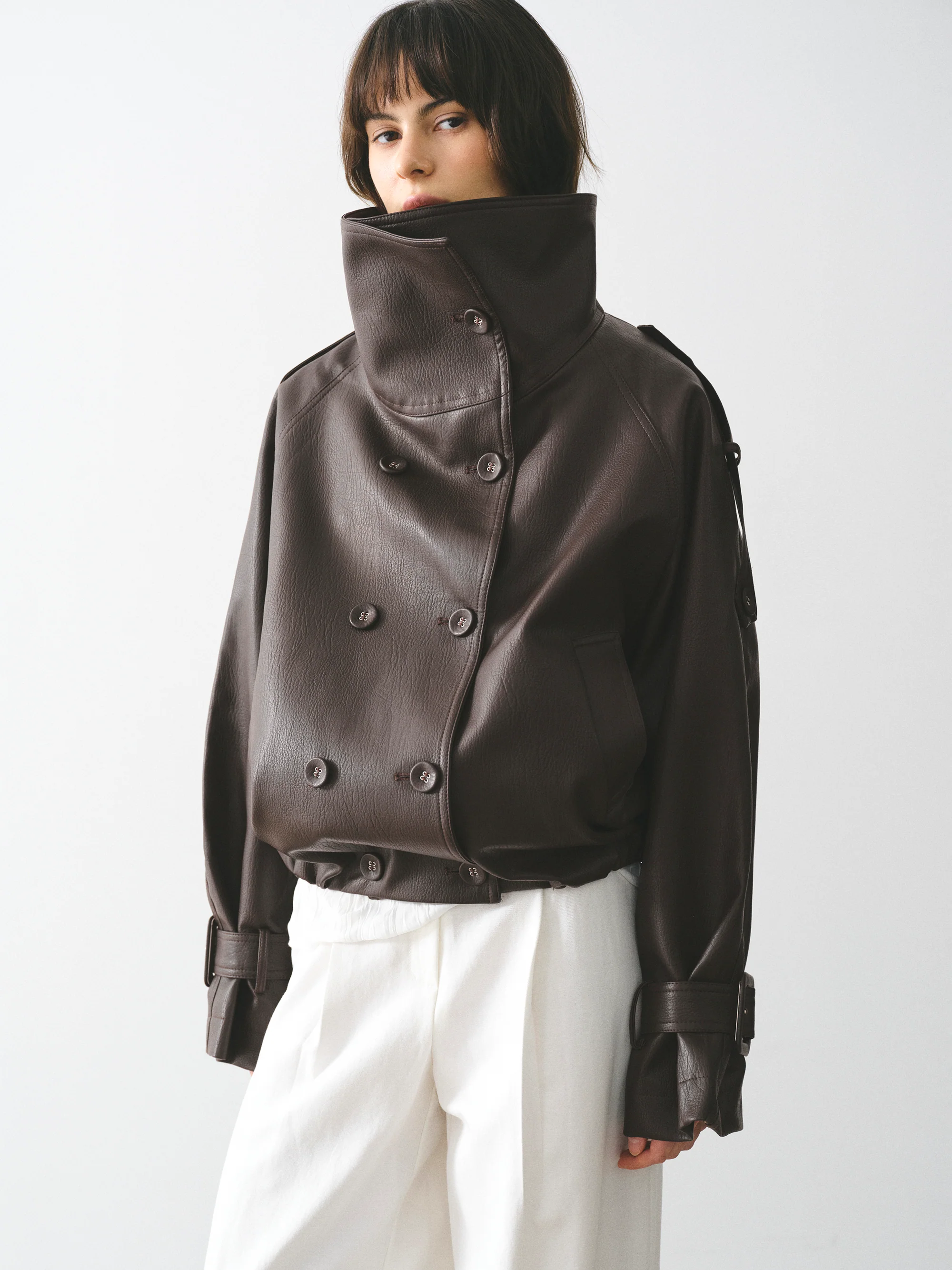 Funnel-Neck Faux-Leather Jacket, Brown