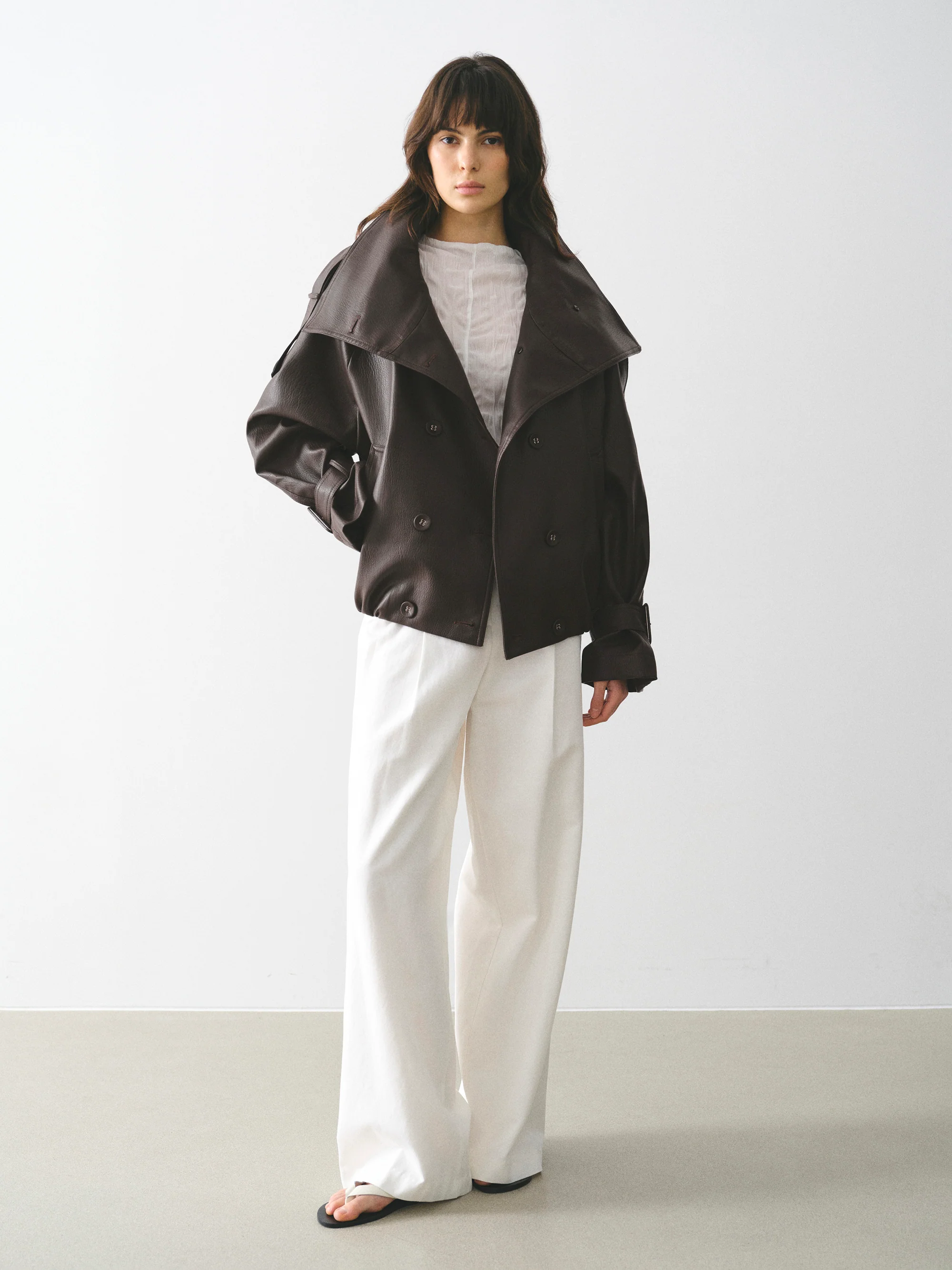 Funnel-Neck Faux-Leather Jacket, Brown - Image 2