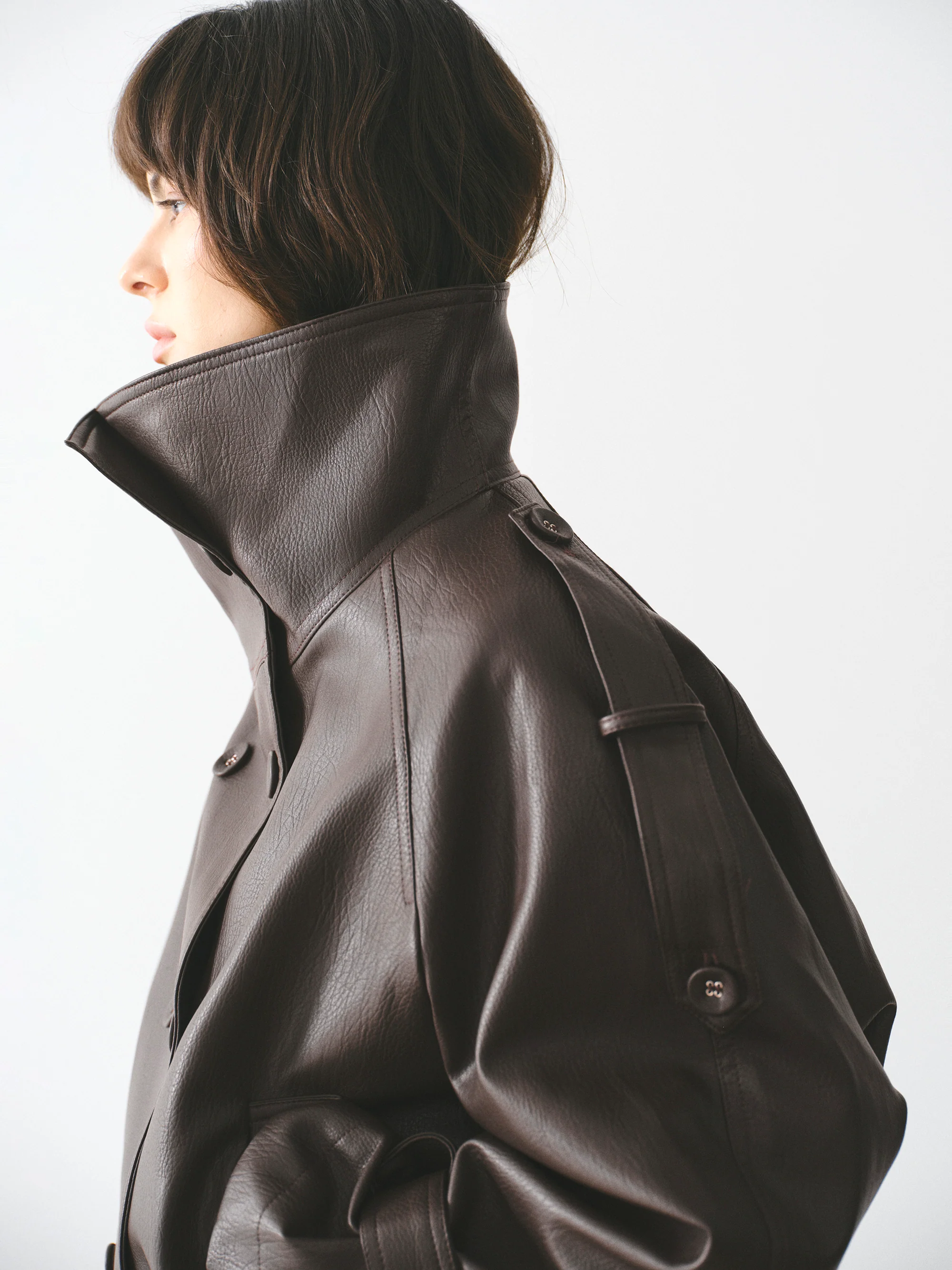 Funnel-Neck Faux-Leather Jacket, Brown - Image 3