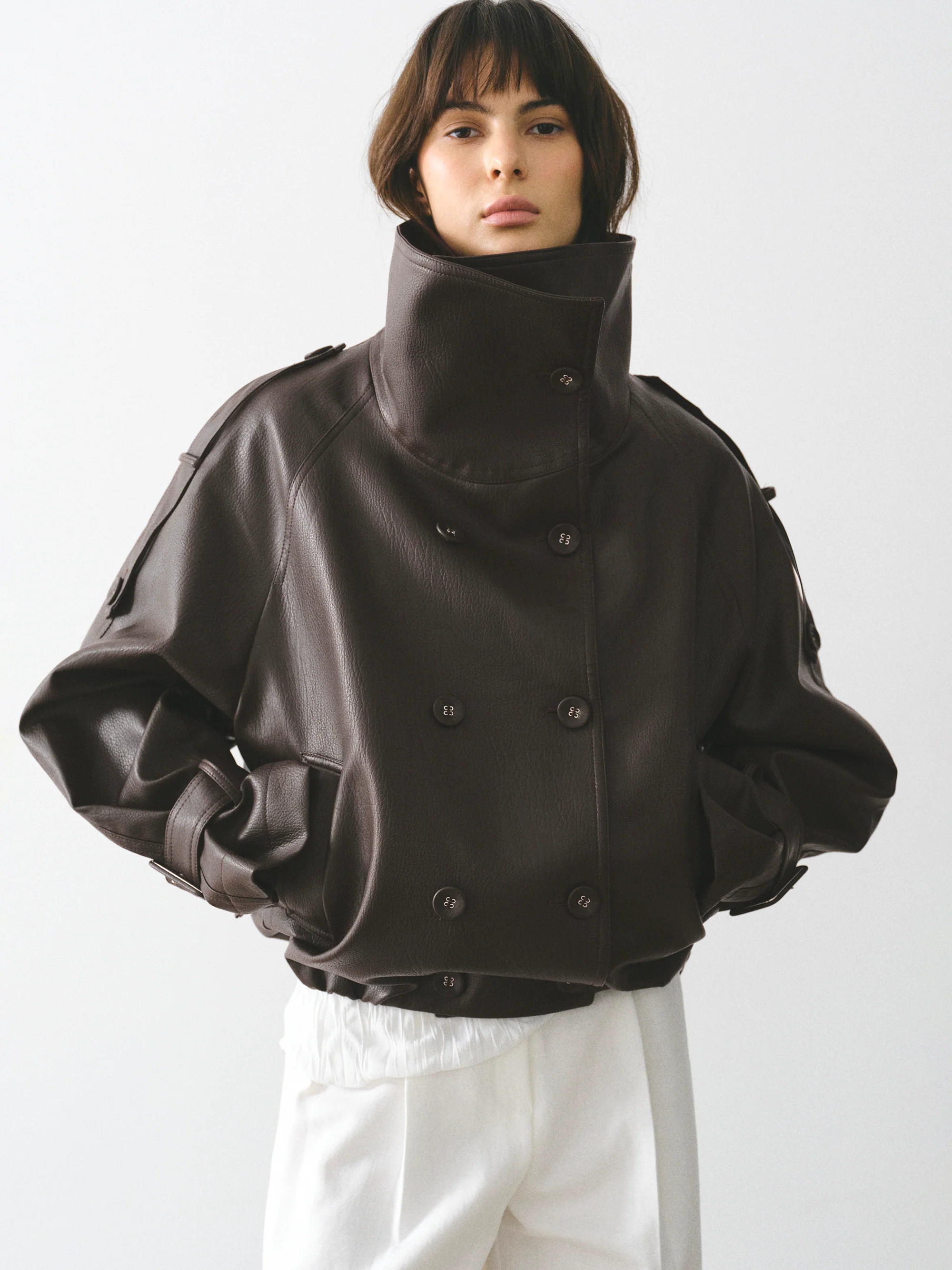 Funnel-Neck Faux-Leather Jacket, Brown - Image 4