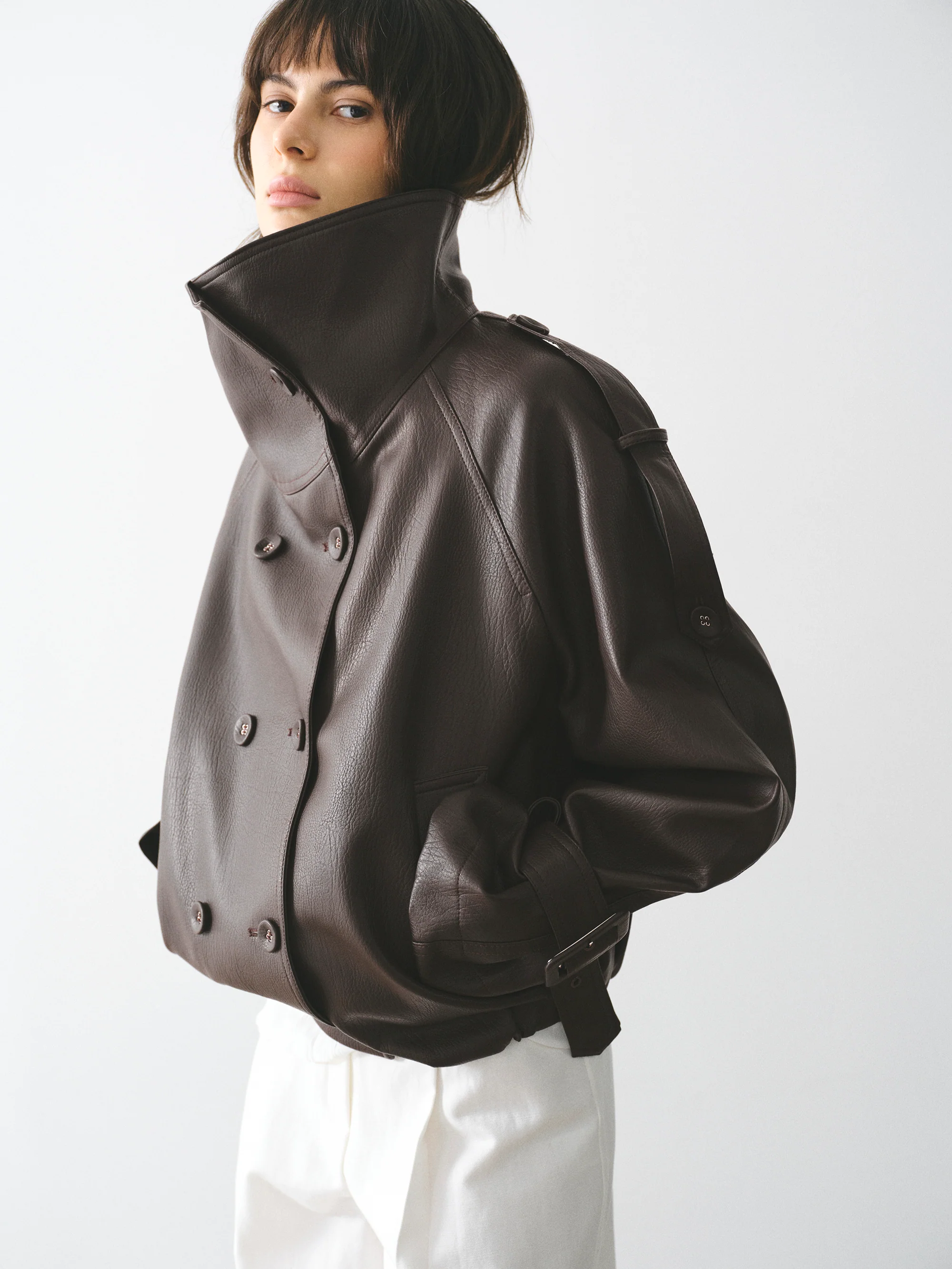 Funnel-Neck Faux-Leather Jacket, Brown - Image 5