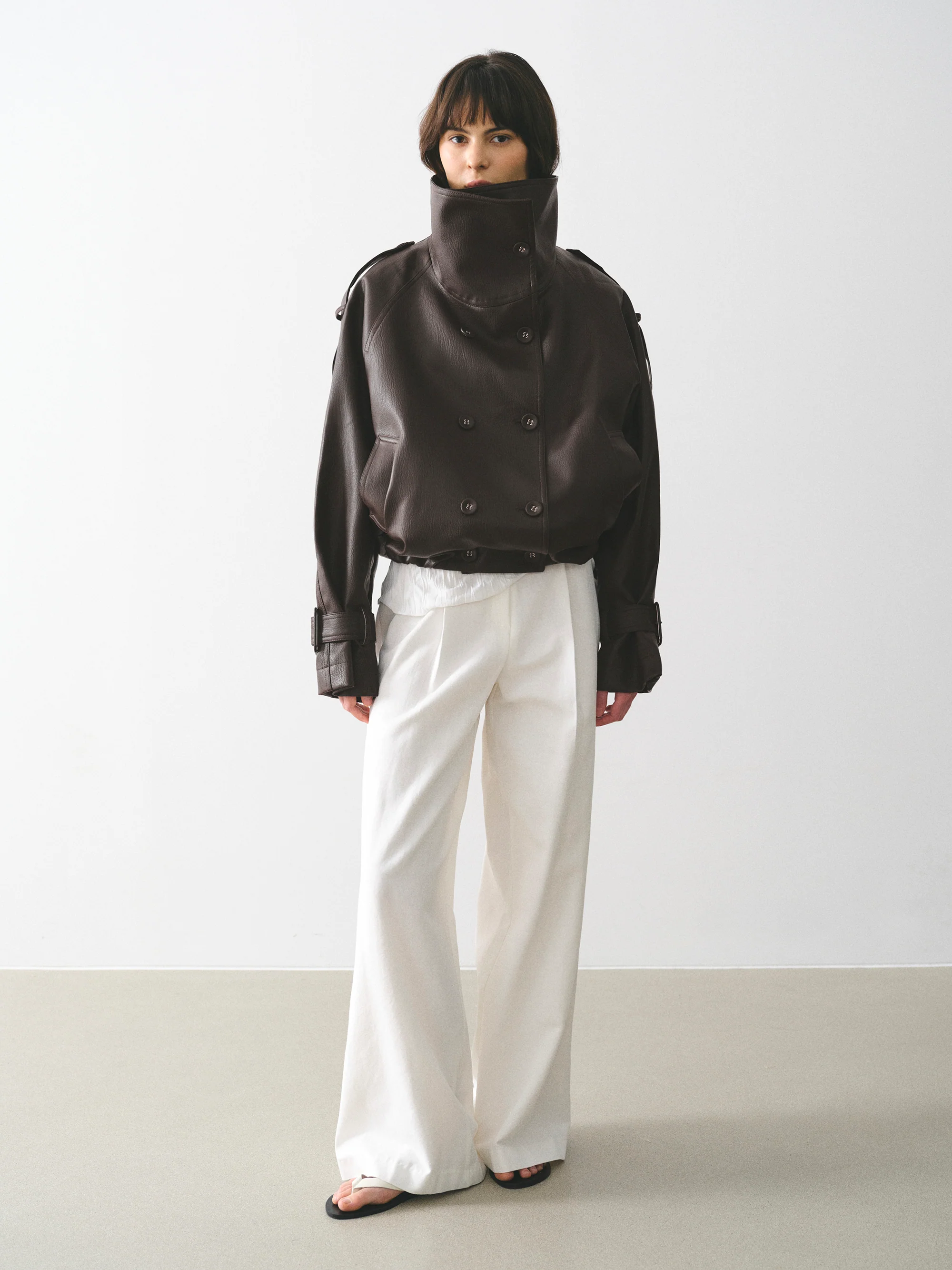 Funnel-Neck Faux-Leather Jacket, Brown - Image 6