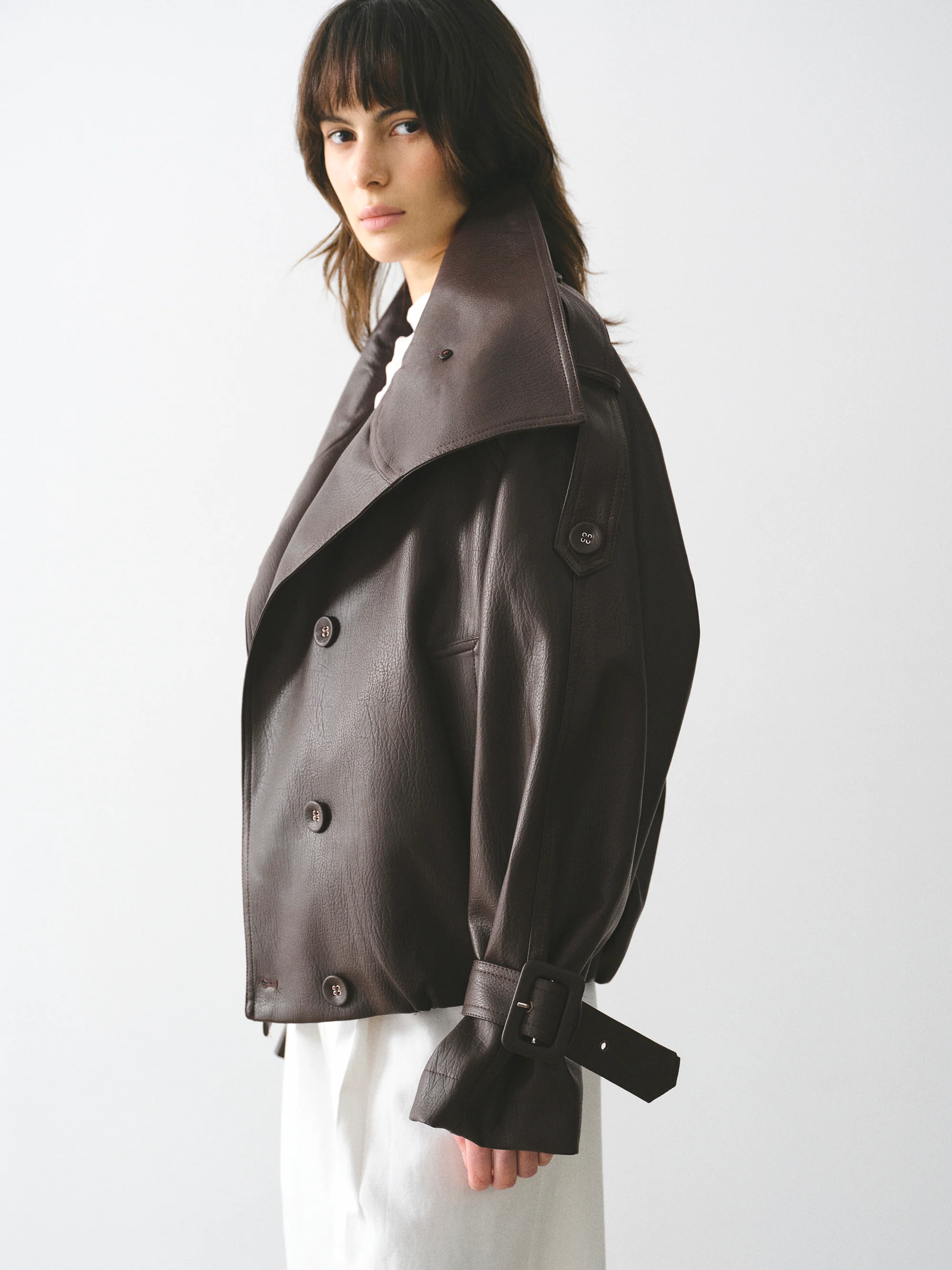 Funnel-Neck Faux-Leather Jacket, Brown - Image 7