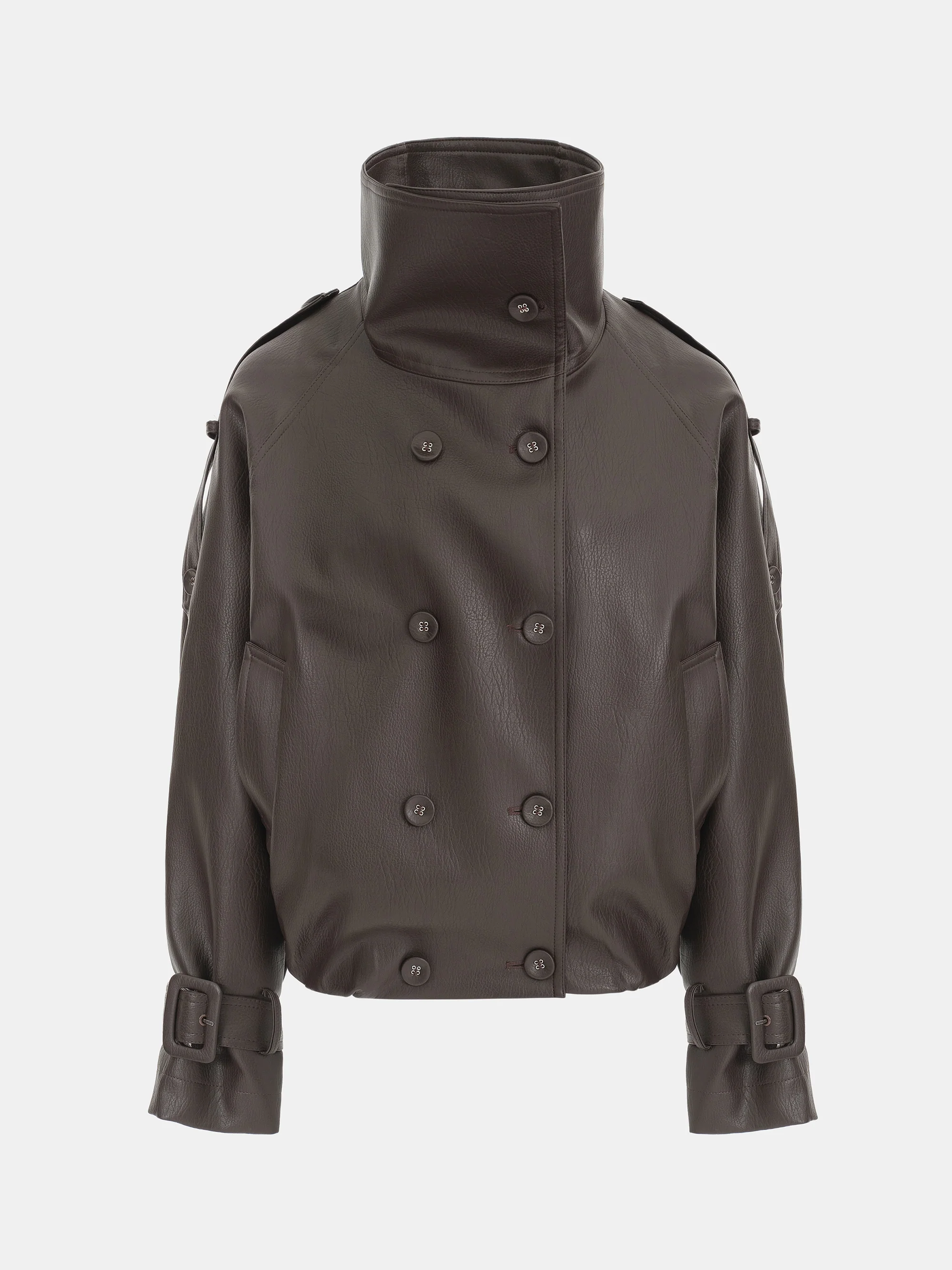 Funnel-Neck Faux-Leather Jacket, Brown - Image 8