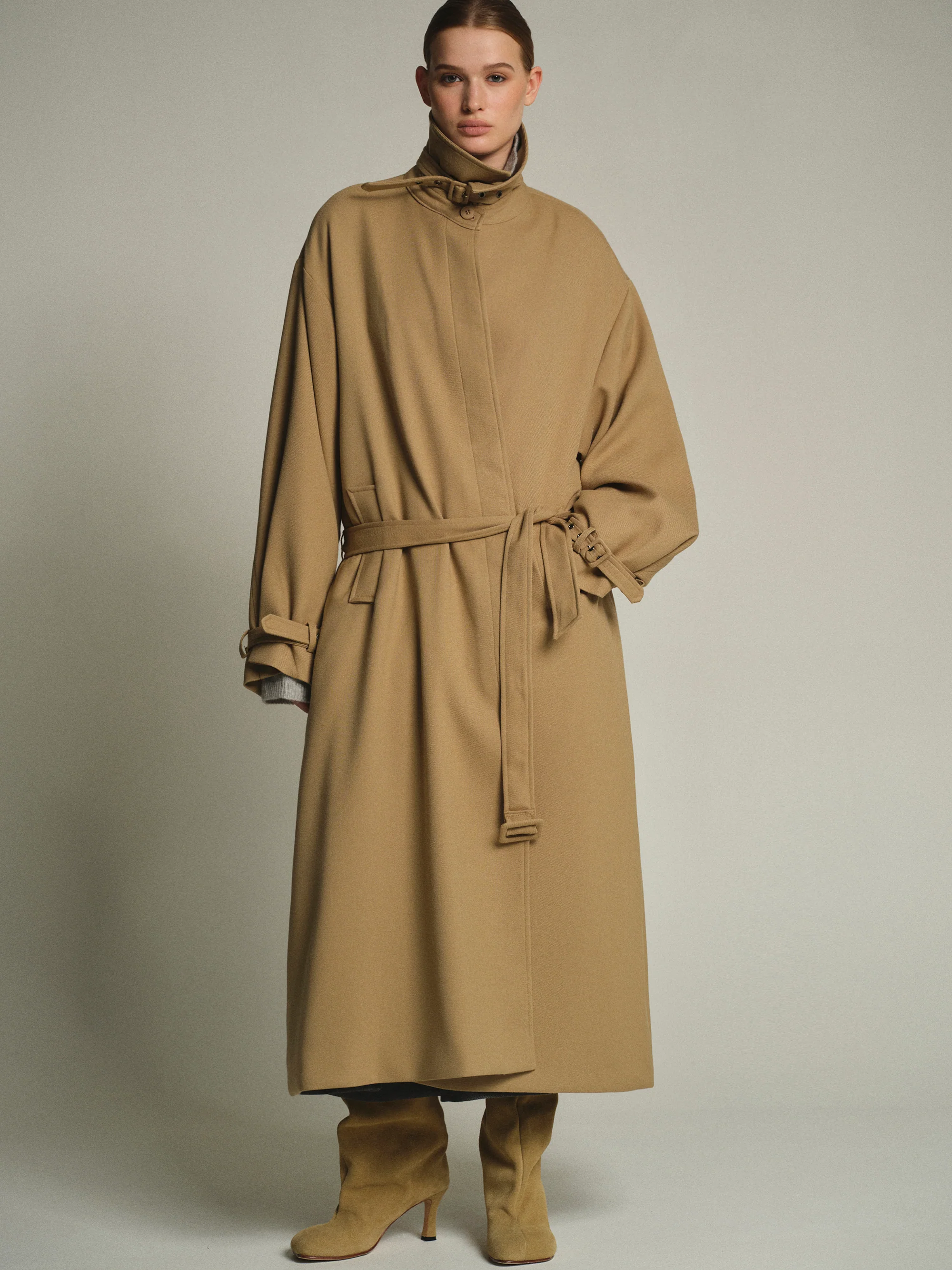 Funnel-Neck Long Coat, Taupe