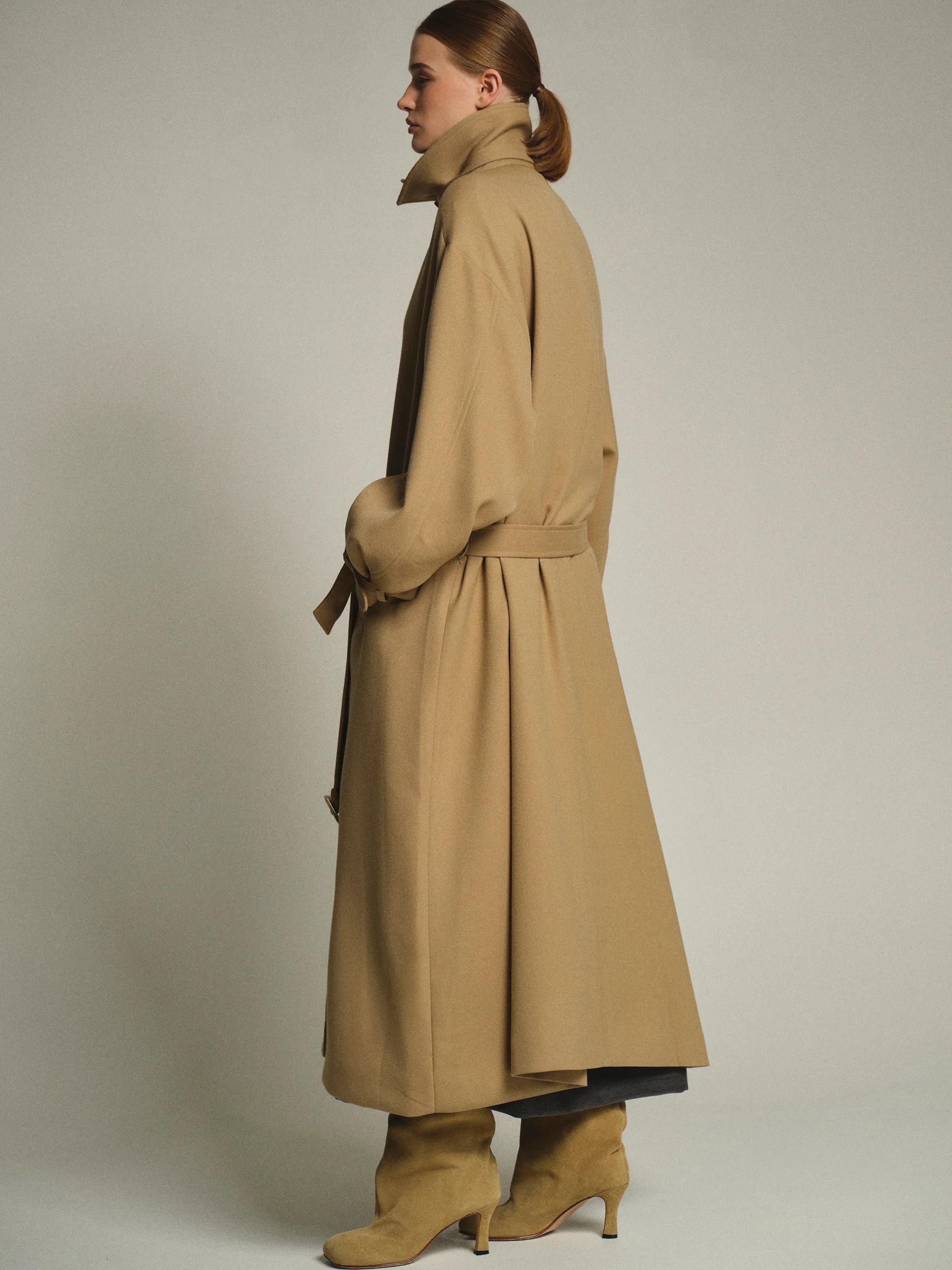 Funnel-Neck Long Coat, Taupe - Image 2