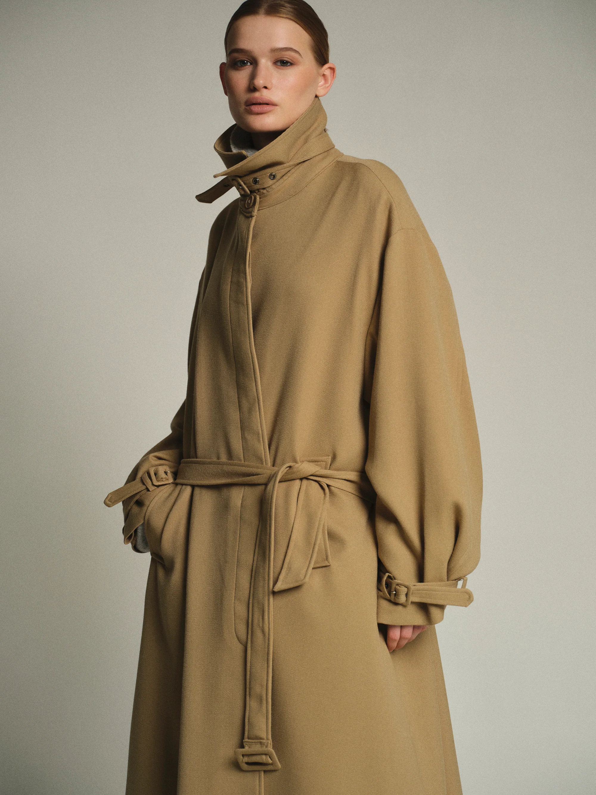 Funnel-Neck Long Coat, Taupe - Image 3