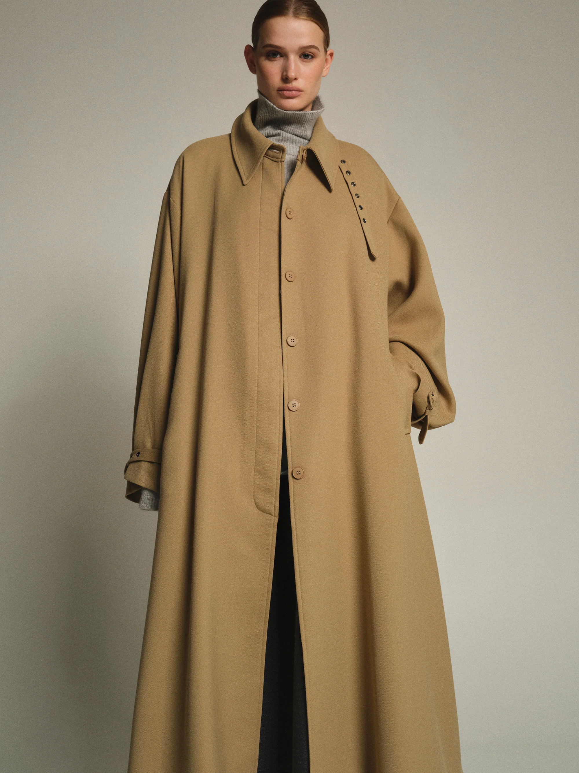 Funnel-Neck Long Coat, Taupe - Image 4