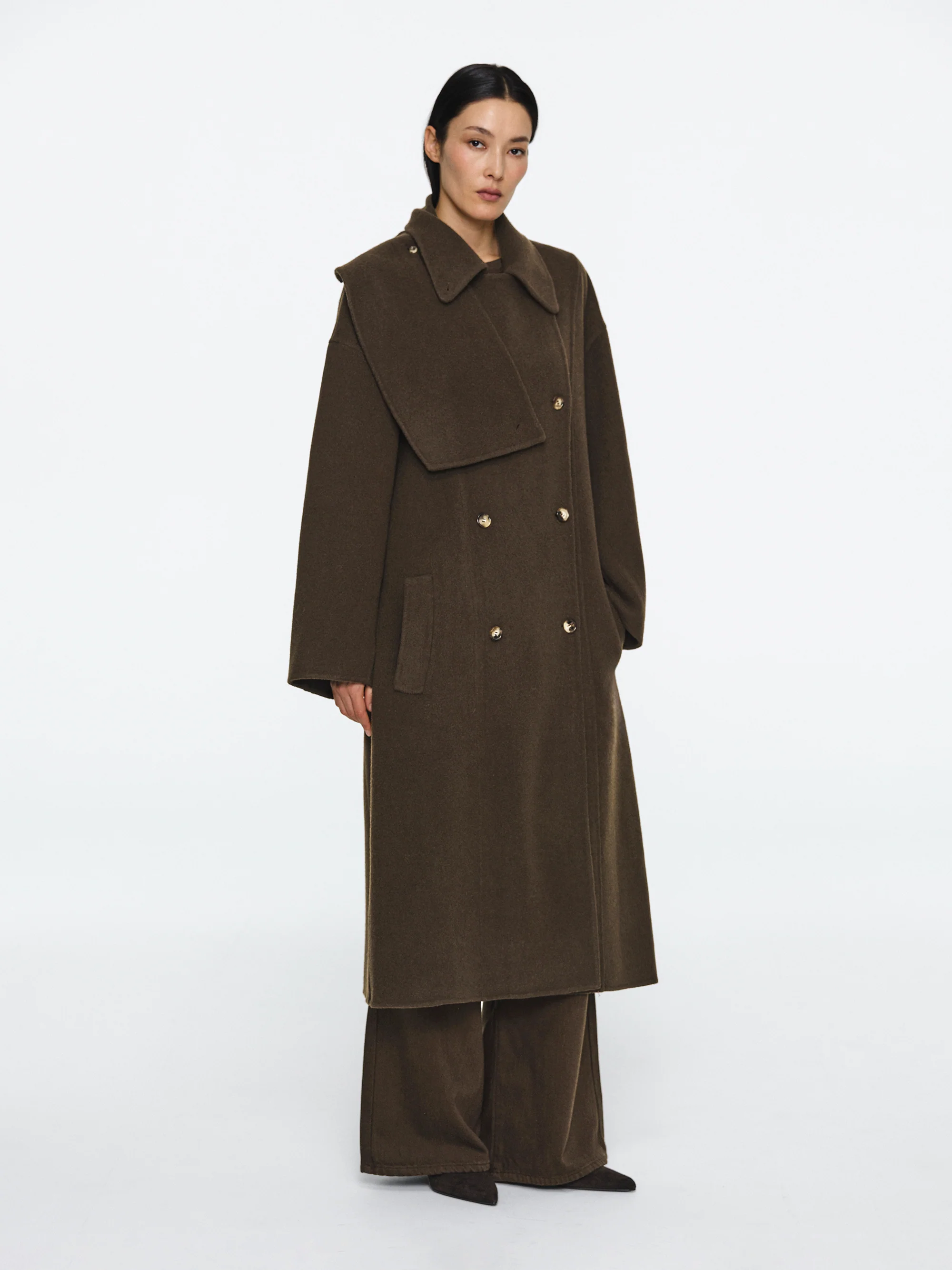 Funnel-Neck Wool Coat, Brown - Image 3