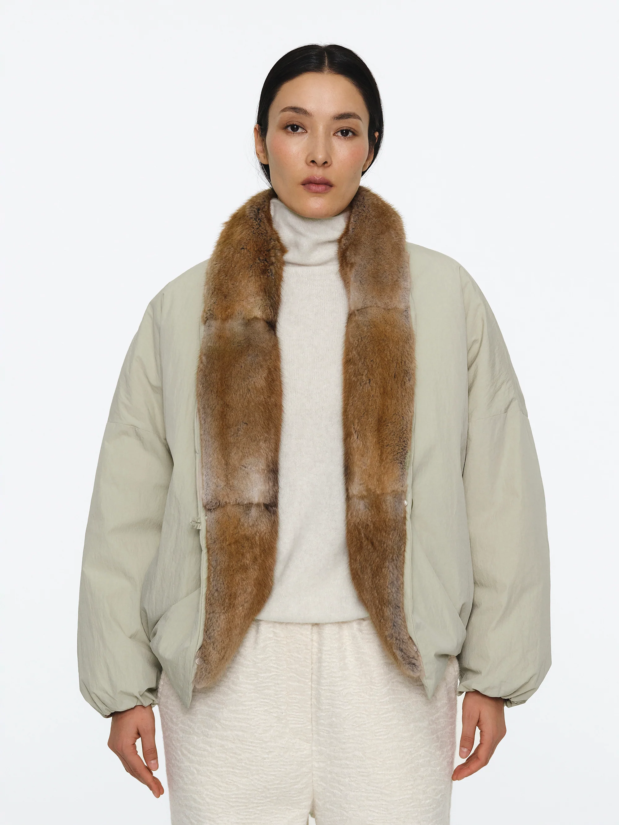 Fur Trim Goose Down Jacket, Beige