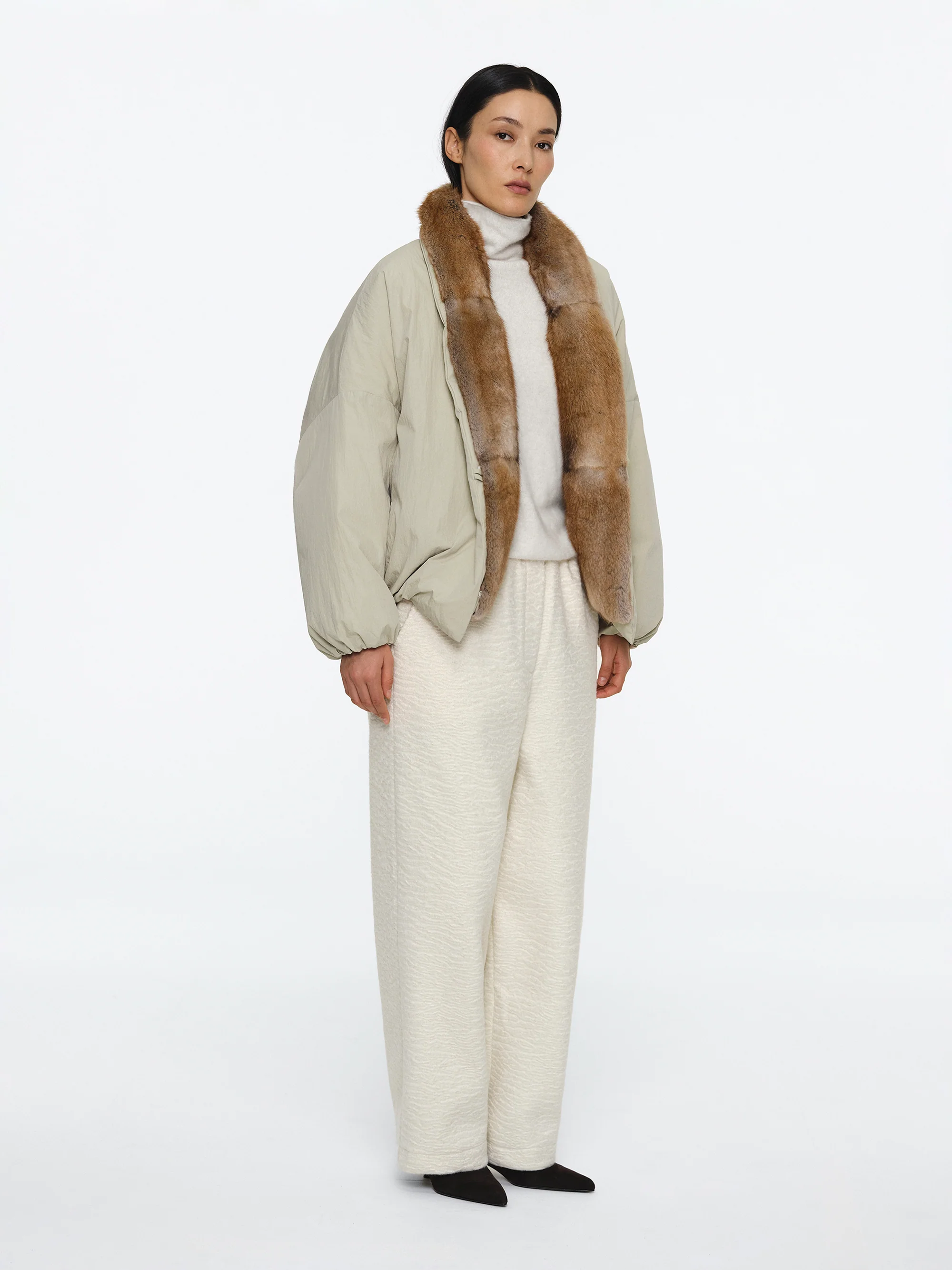 Fur Trim Goose Down Jacket, Beige - Image 2