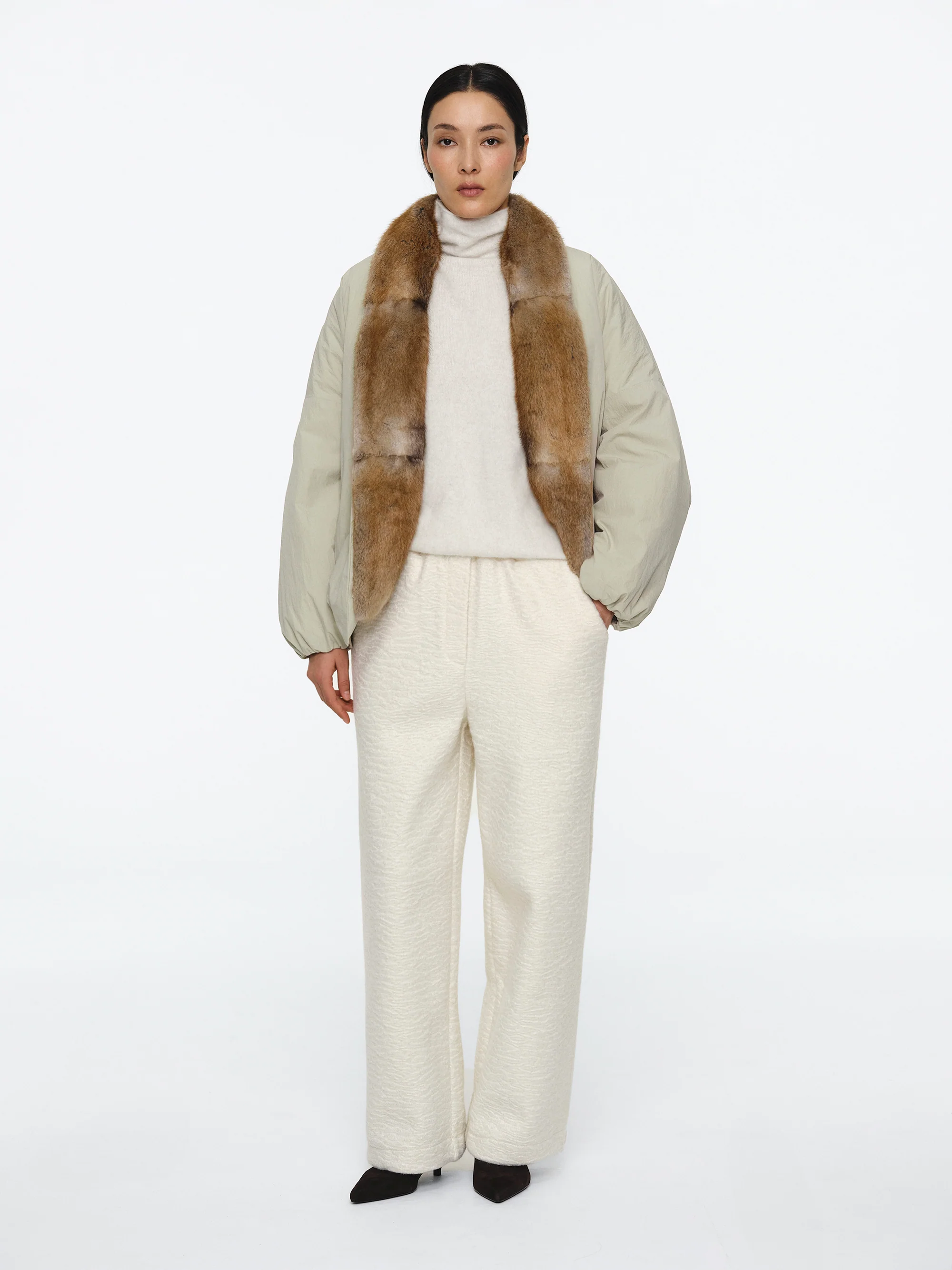 Fur Trim Goose Down Jacket, Beige - Image 3