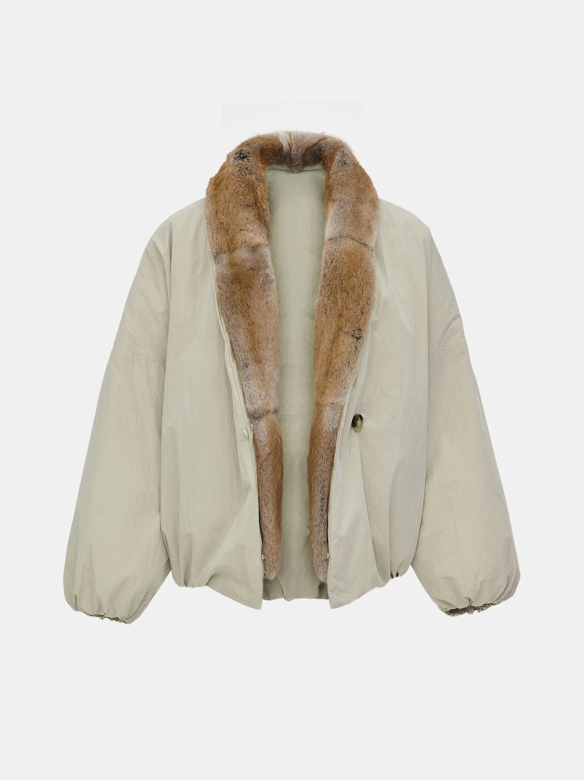 Fur Trim Goose Down Jacket, Beige - Image 5