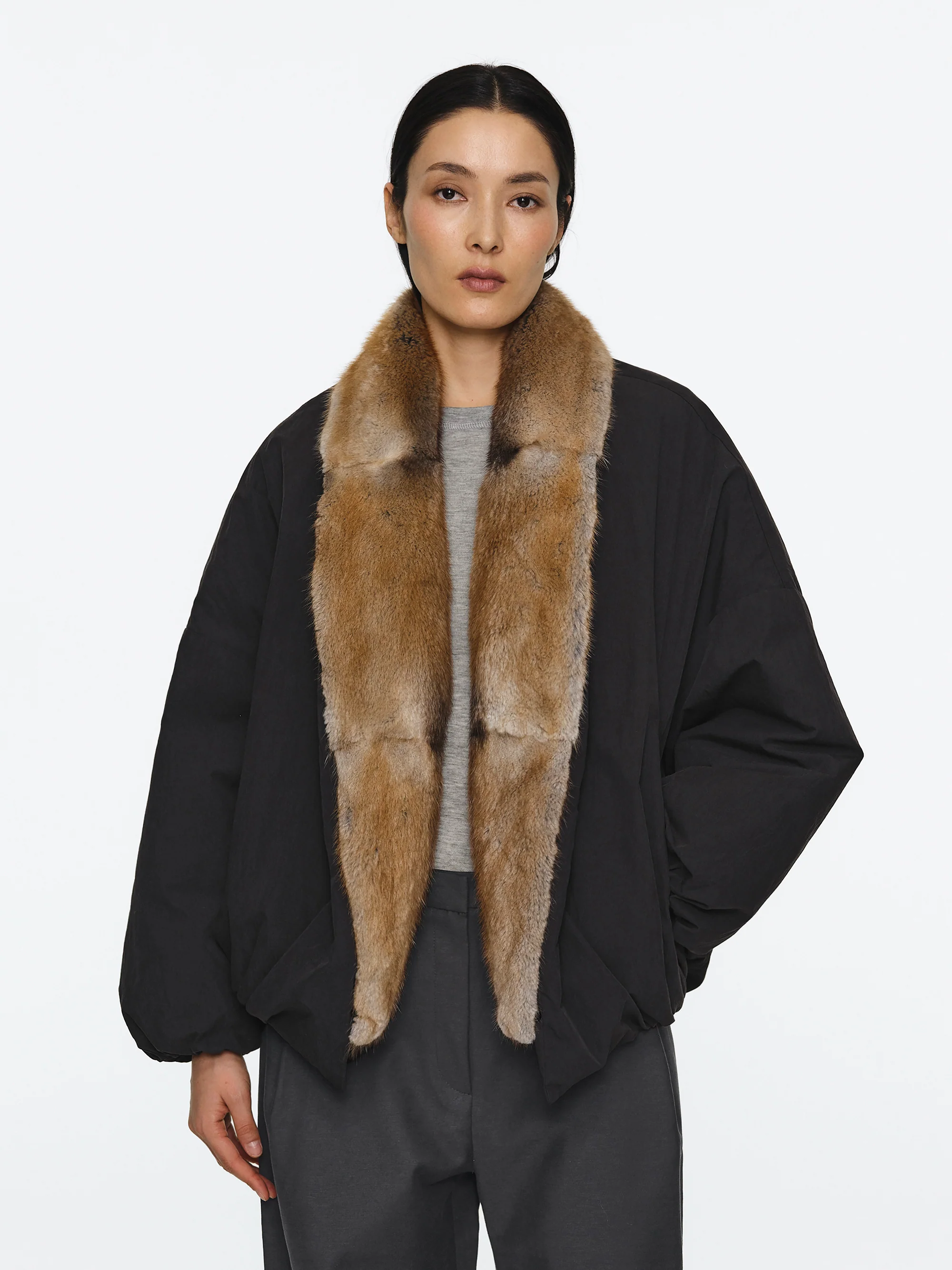 Fur Trim Goose Down Jacket, Black
