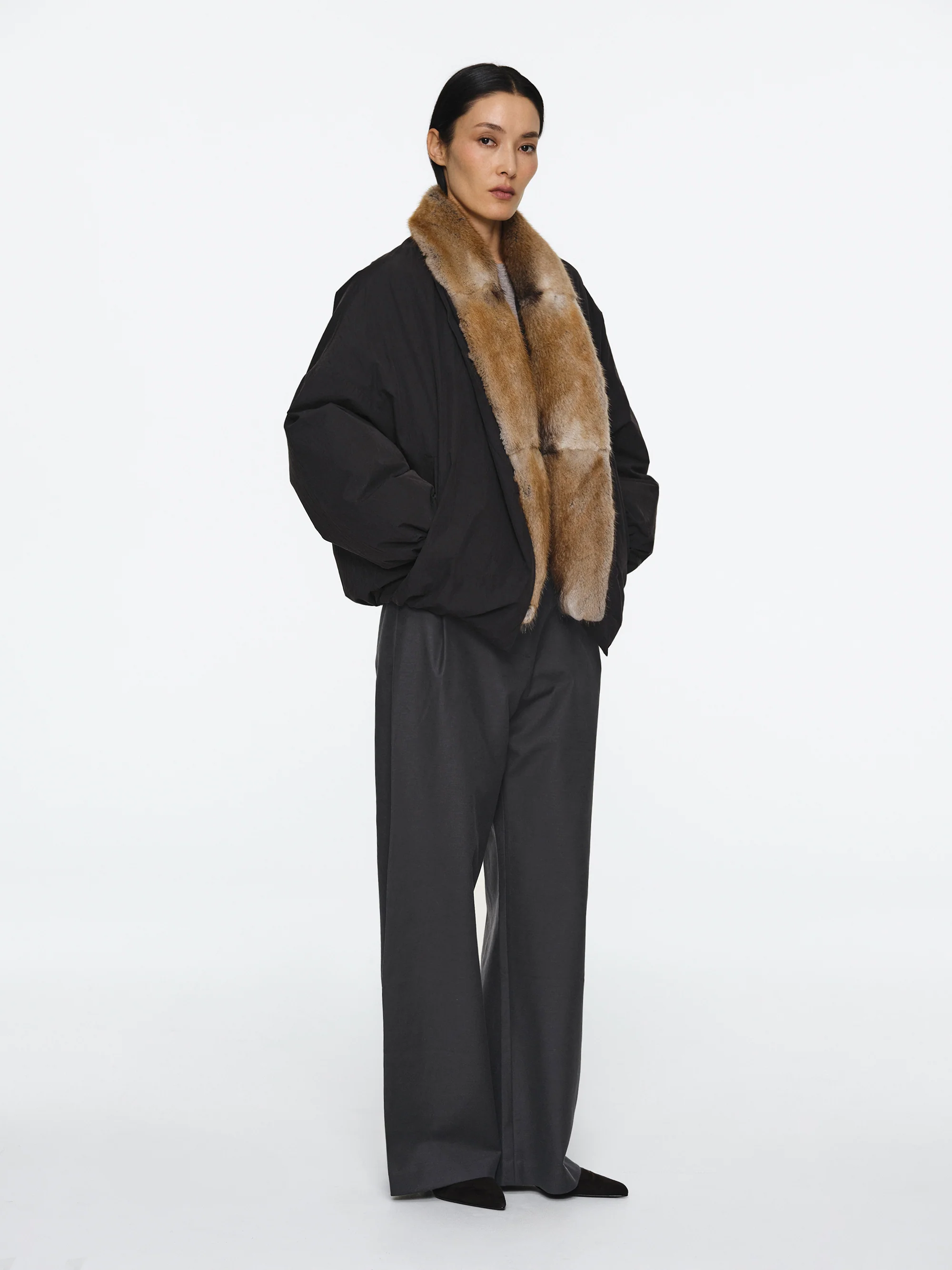 Fur Trim Goose Down Jacket, Black - Image 2