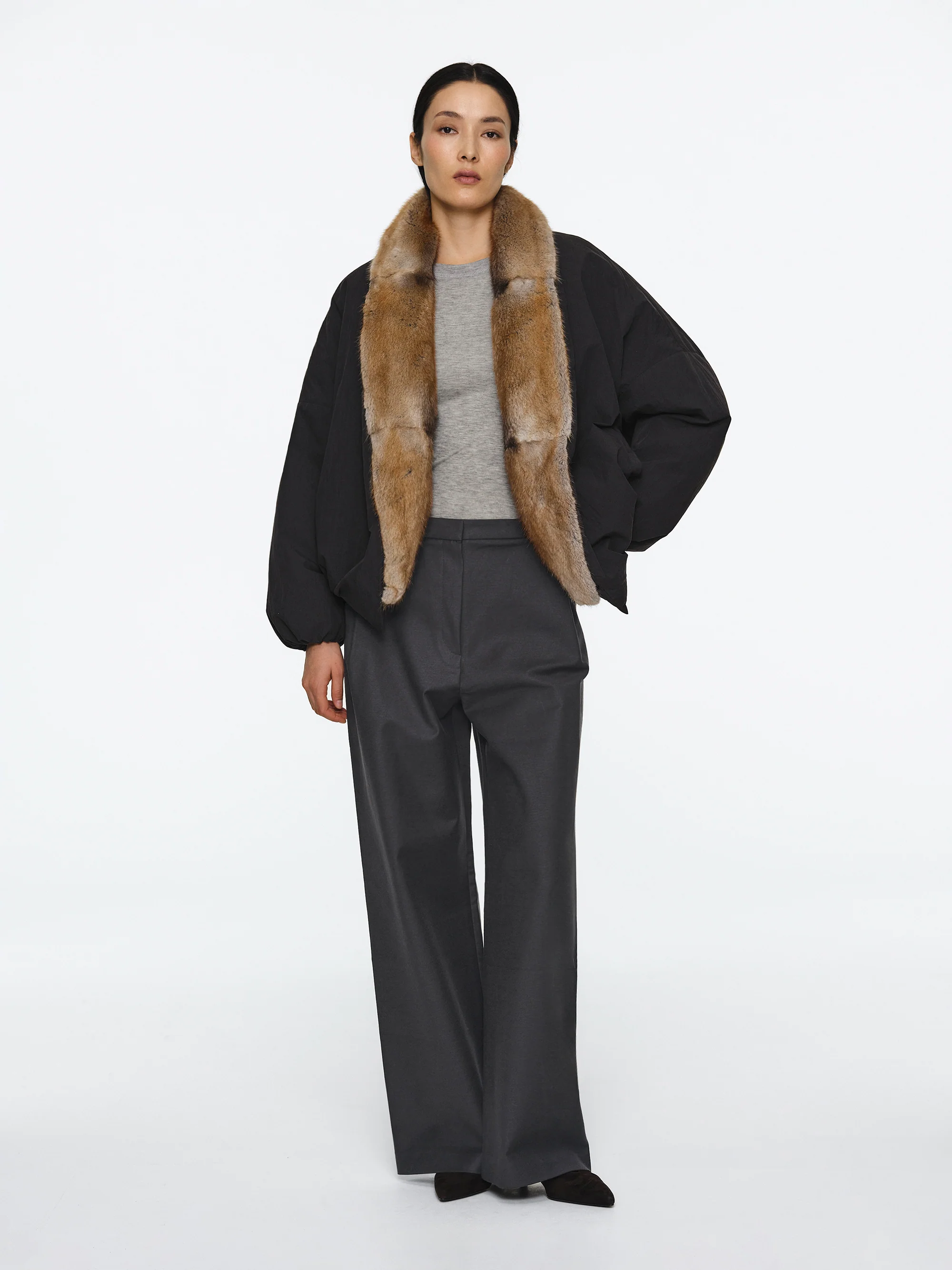 Fur Trim Goose Down Jacket, Black - Image 3