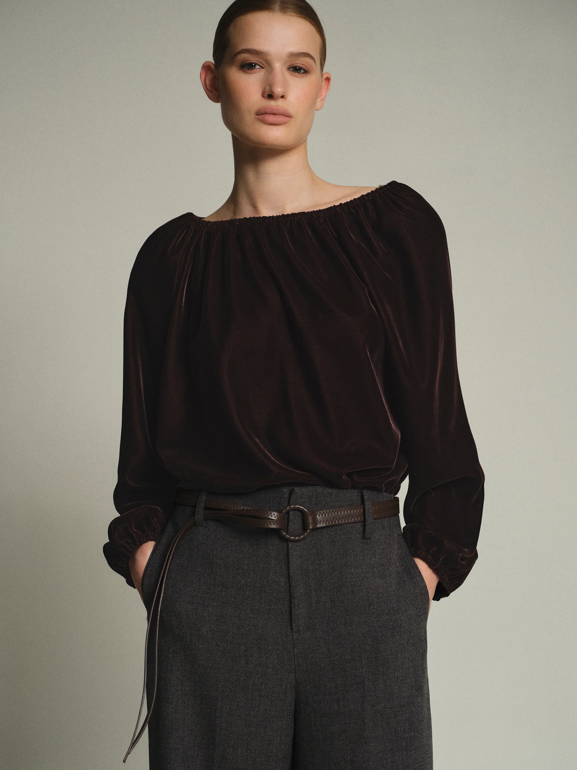 Gathered Velvet Blouse, Chocolate