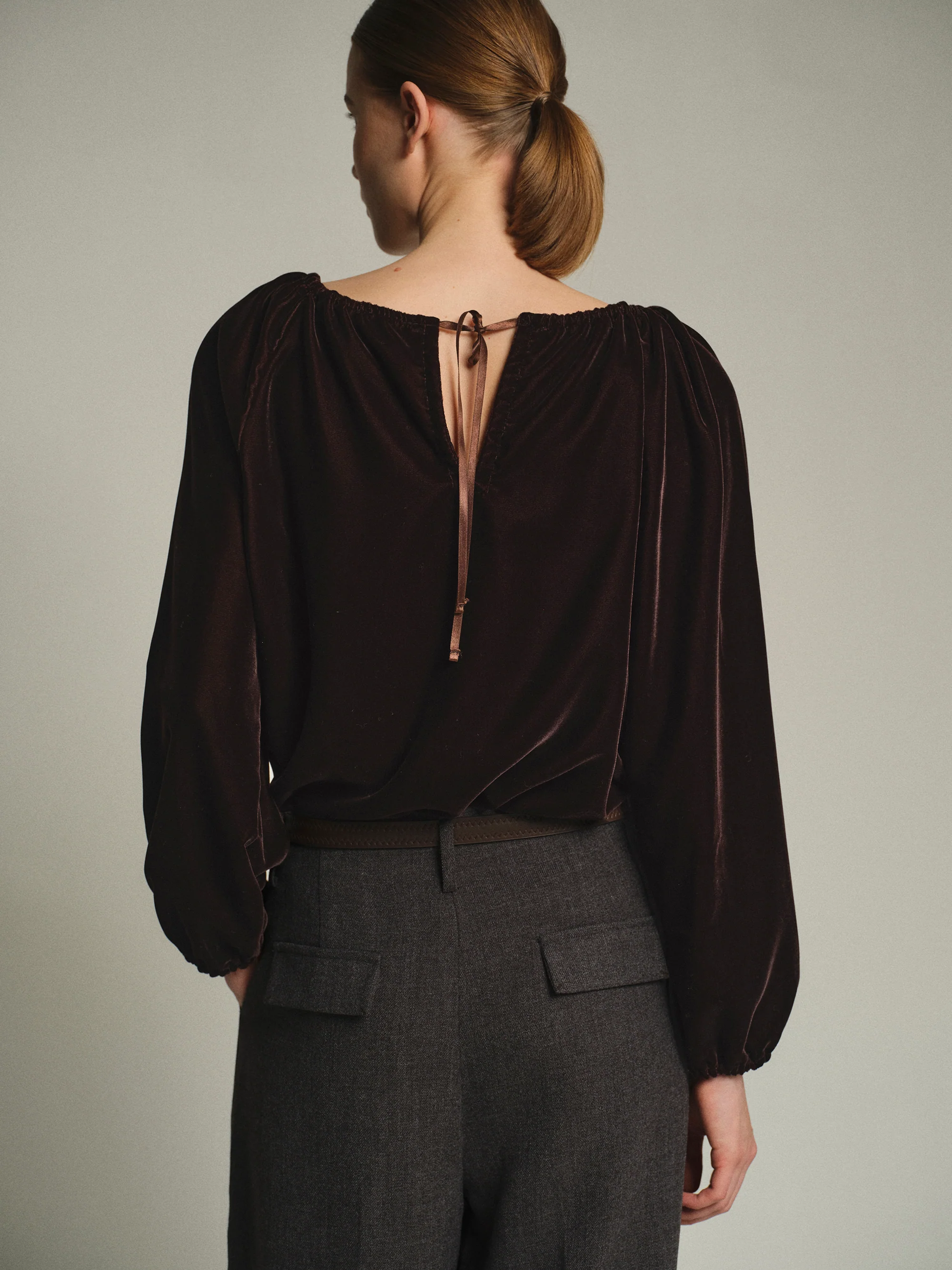 Gathered Velvet Blouse, Chocolate - Image 2