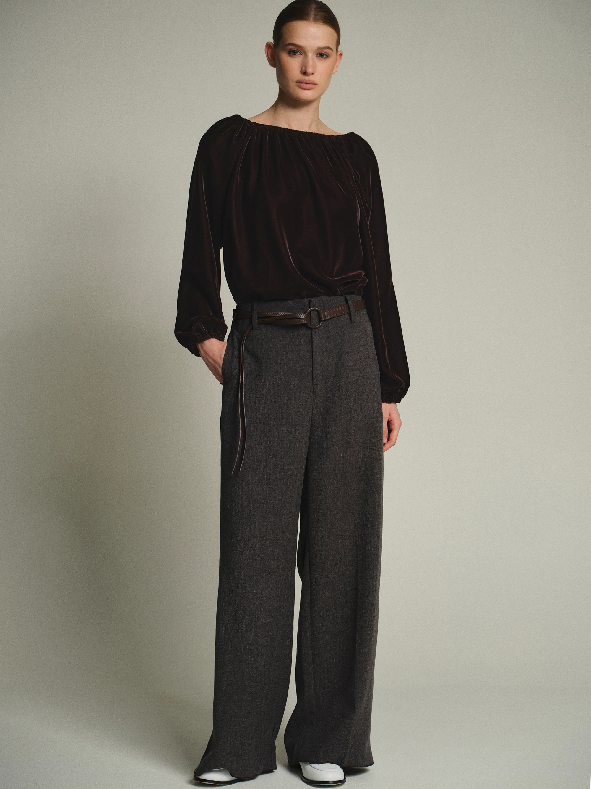 Gathered Velvet Blouse, Chocolate - Image 3