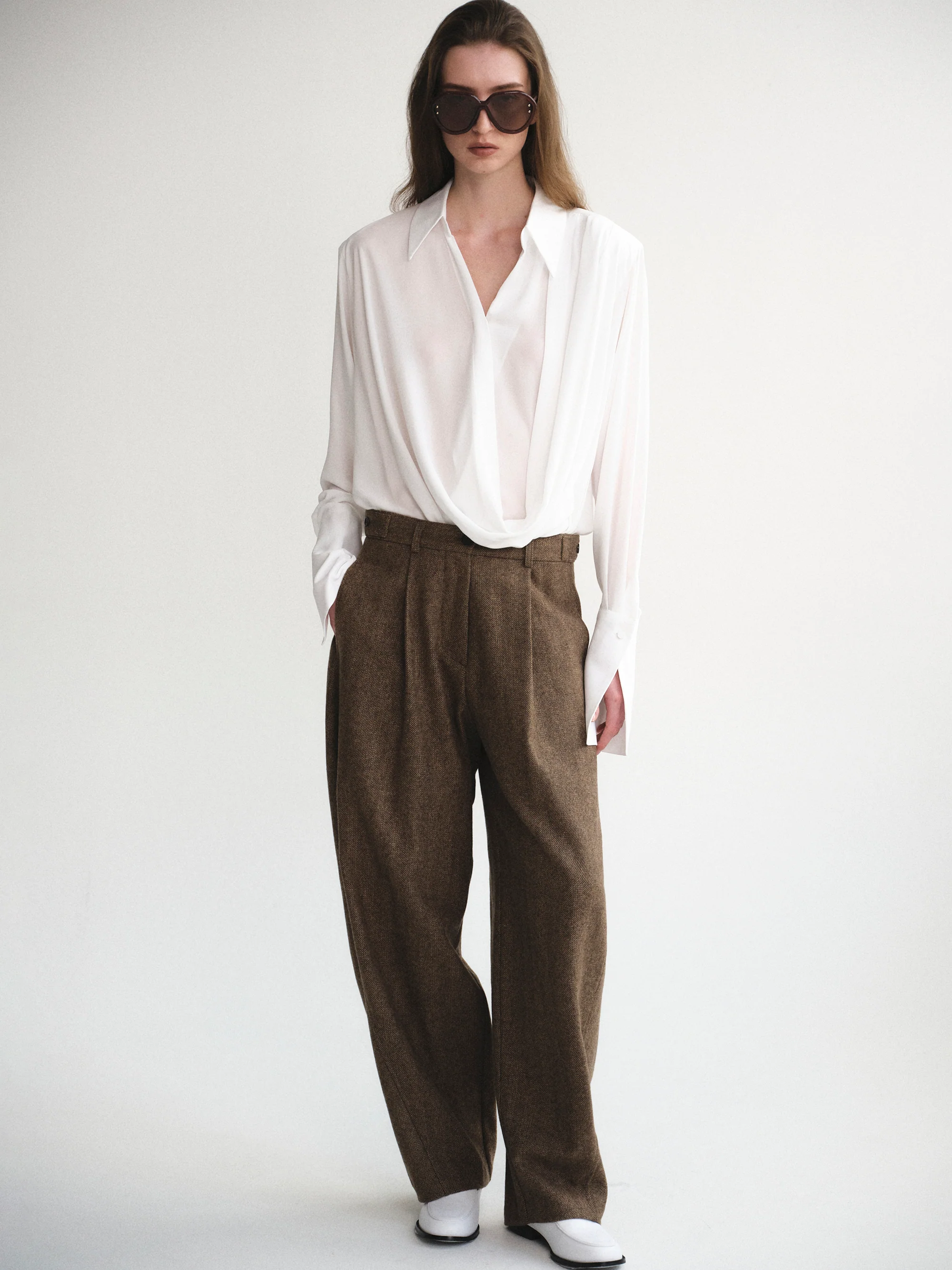 Herringbone Tuck Trousers, Brown - Image 3