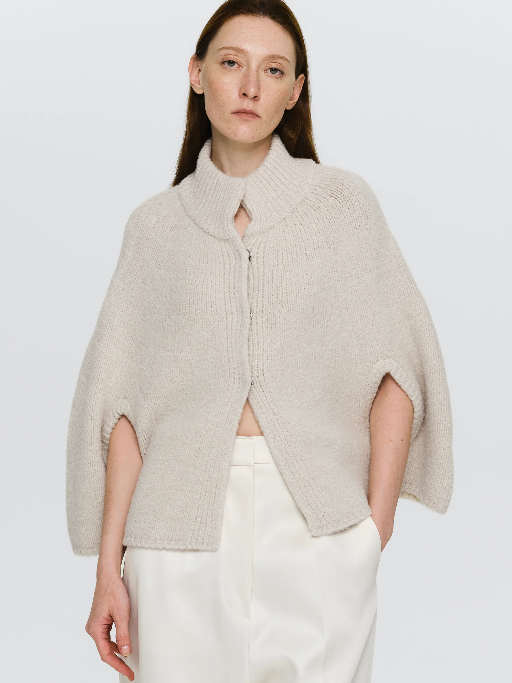 High Collar Knit Cape, Ivory