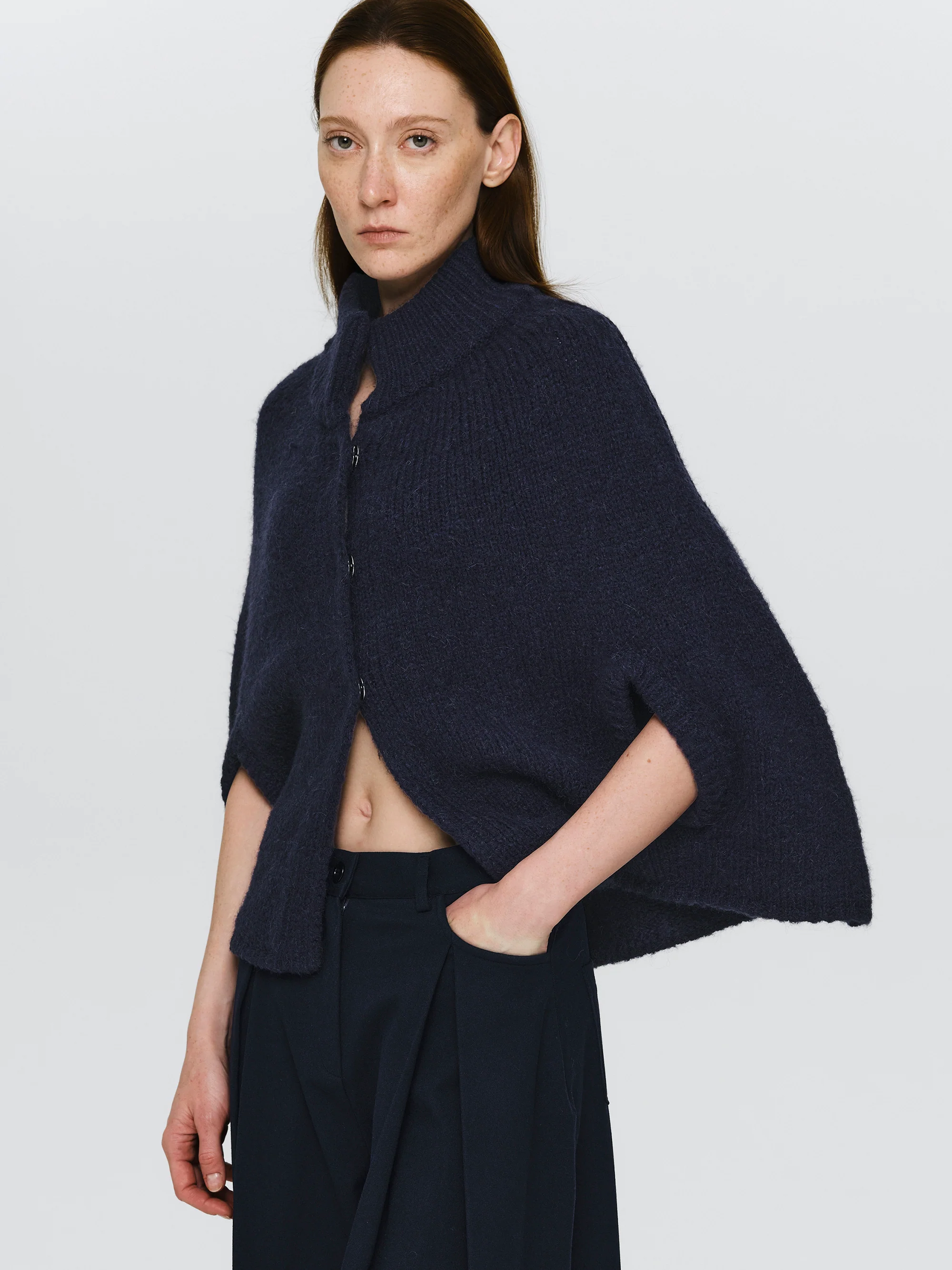 High Collar Knit Cape, Navy