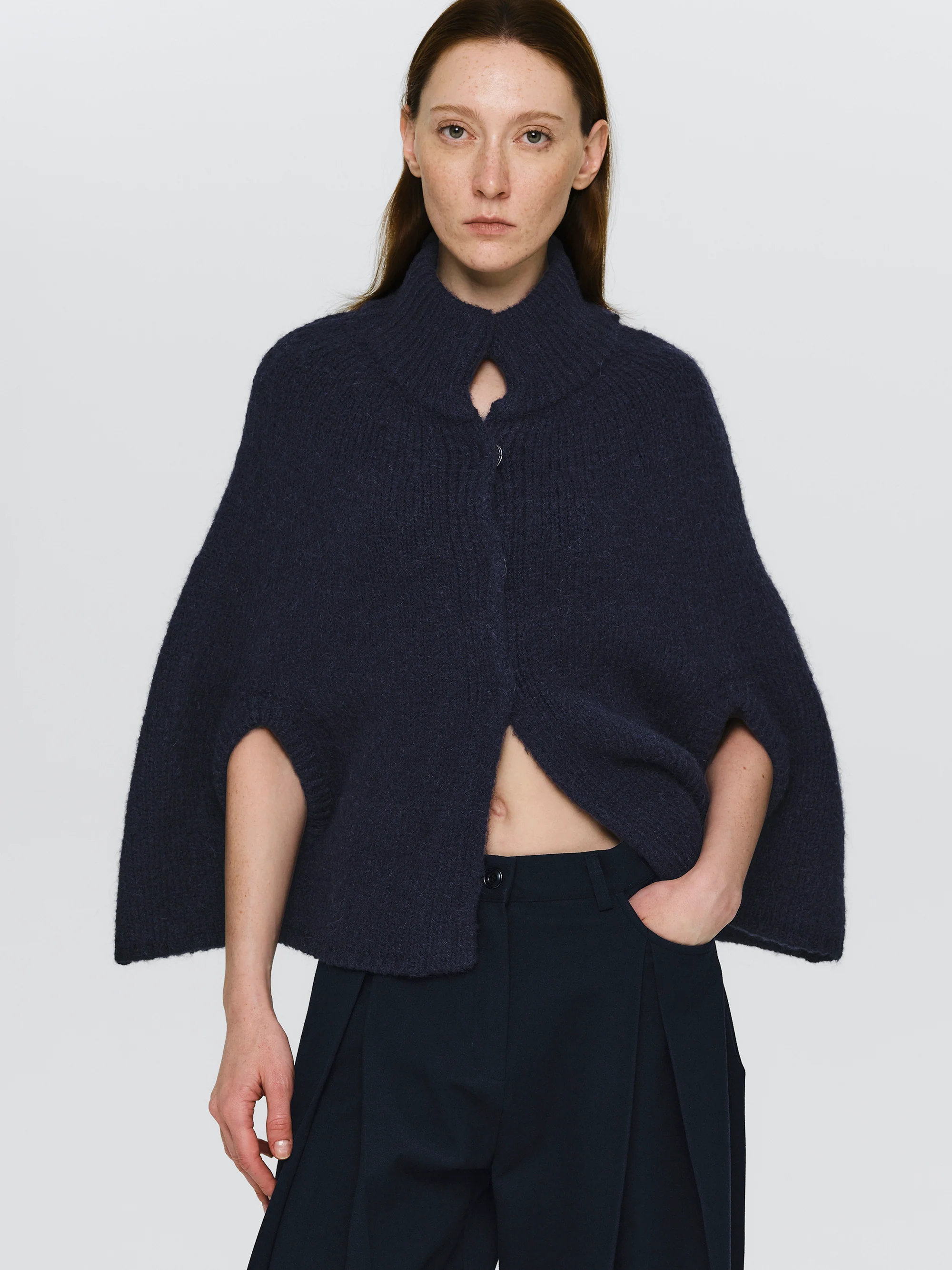 High Collar Knit Cape, Navy - Image 2