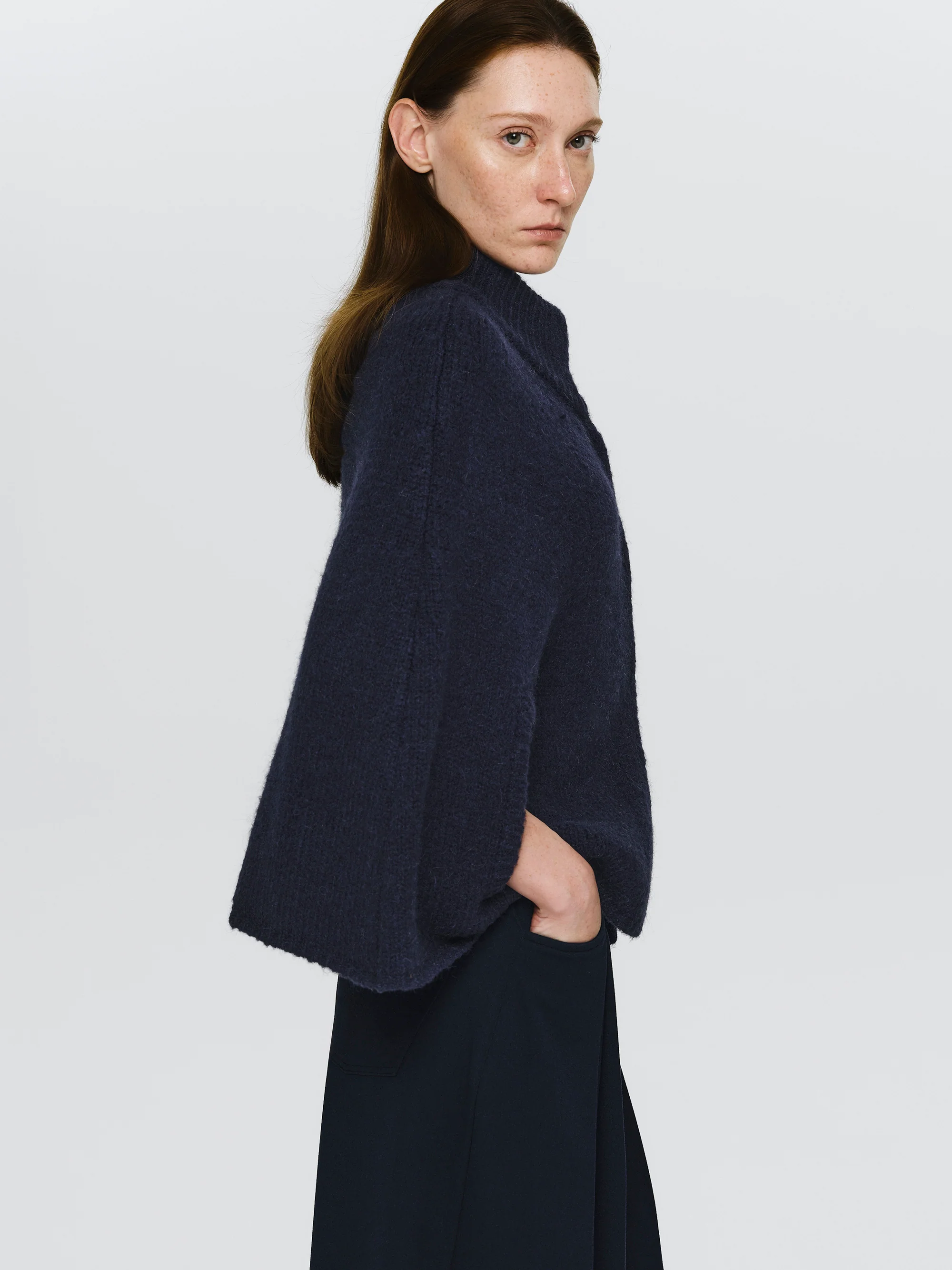 High Collar Knit Cape, Navy - Image 3