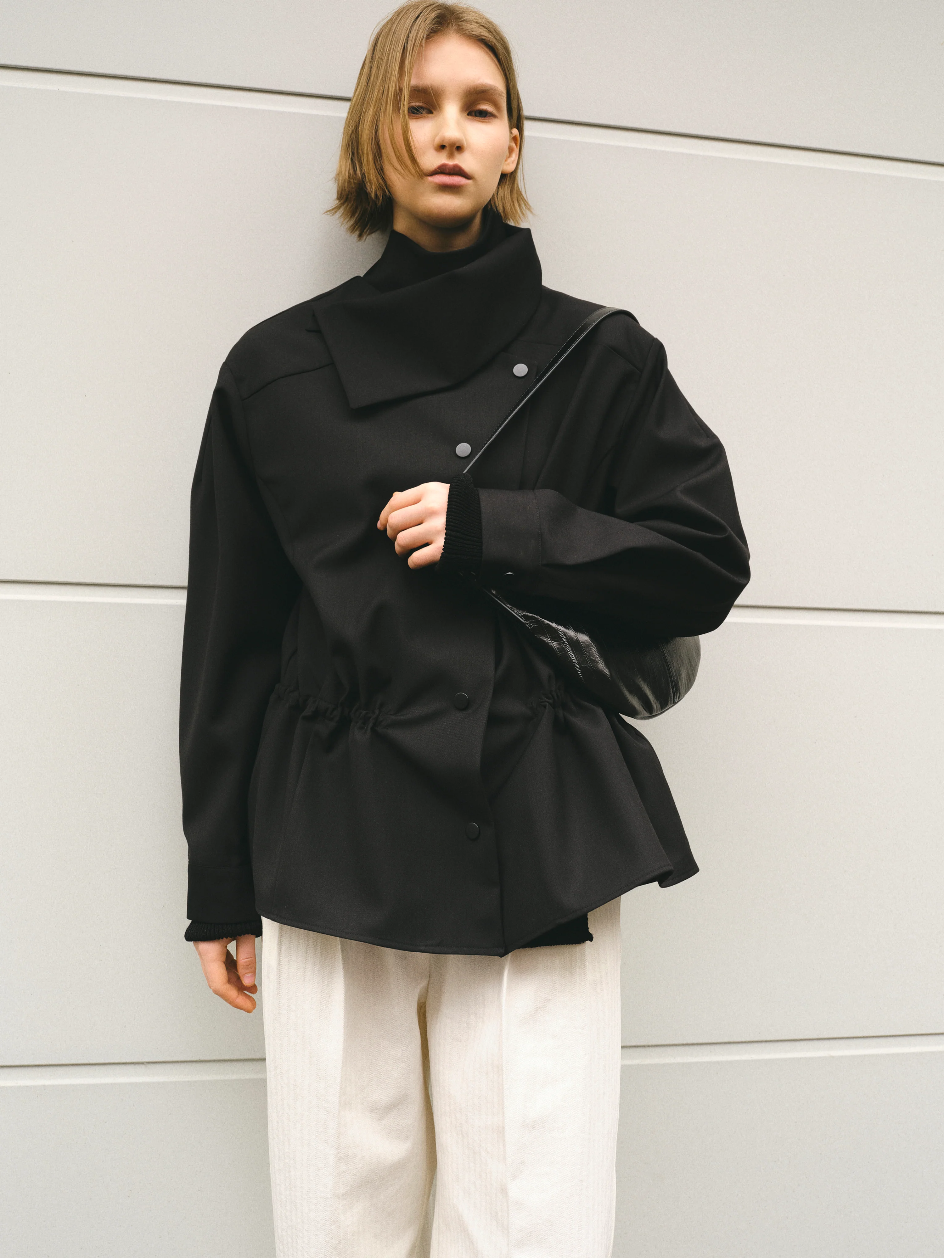 High-Neck Drawstring Jacket, Black
