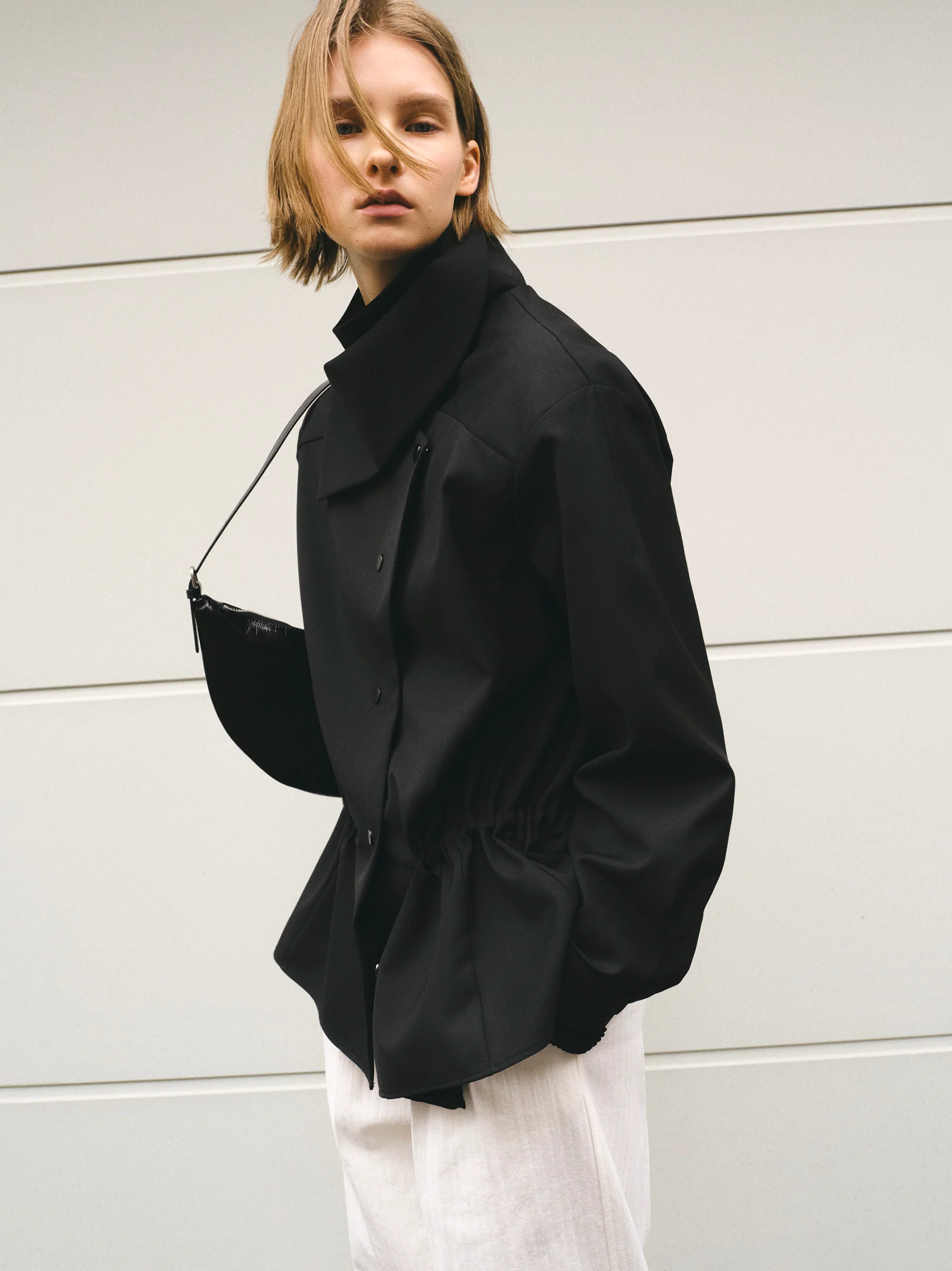 High-Neck Drawstring Jacket, Black - Image 3