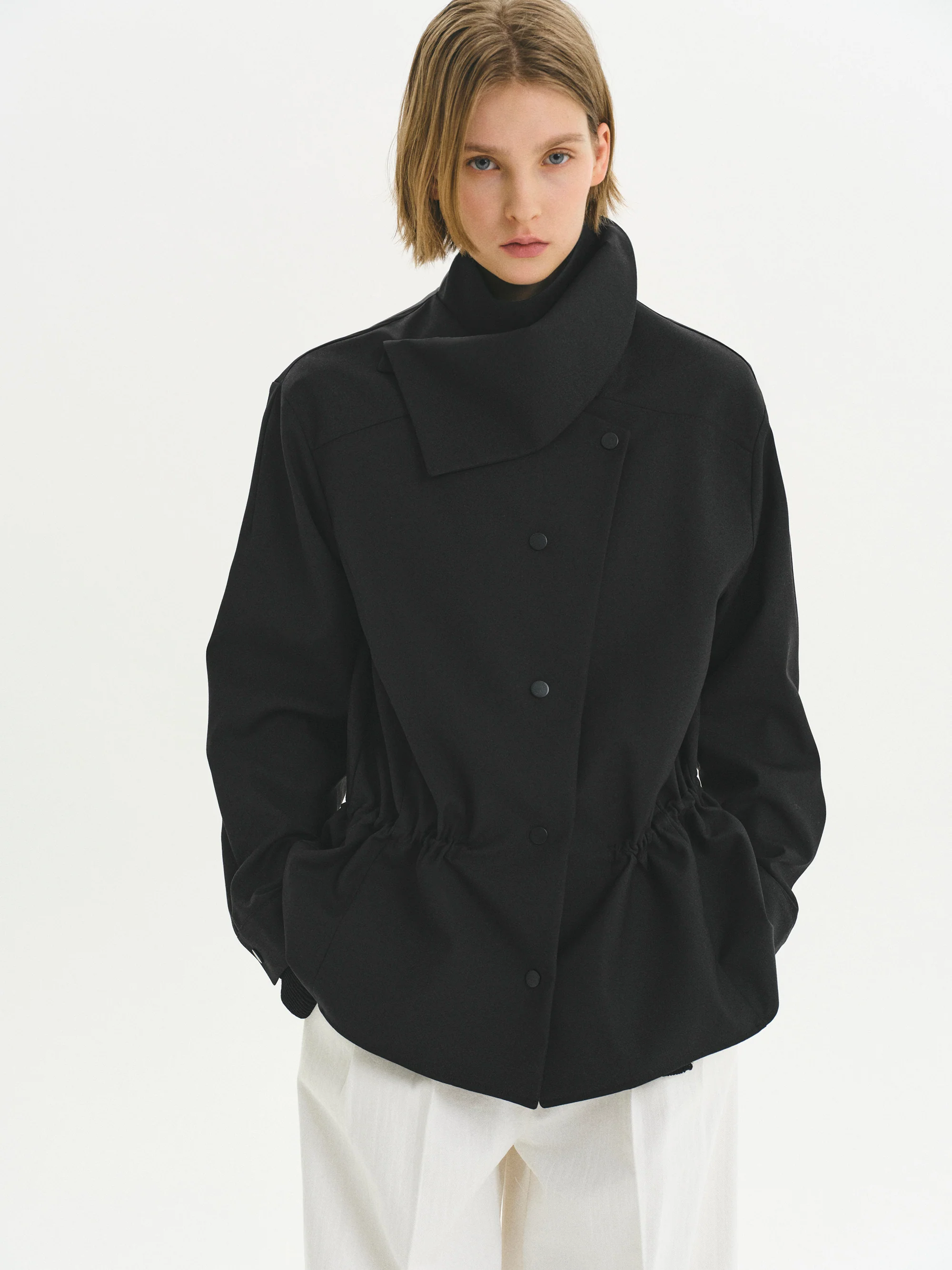 High-Neck Drawstring Jacket, Black - Image 5