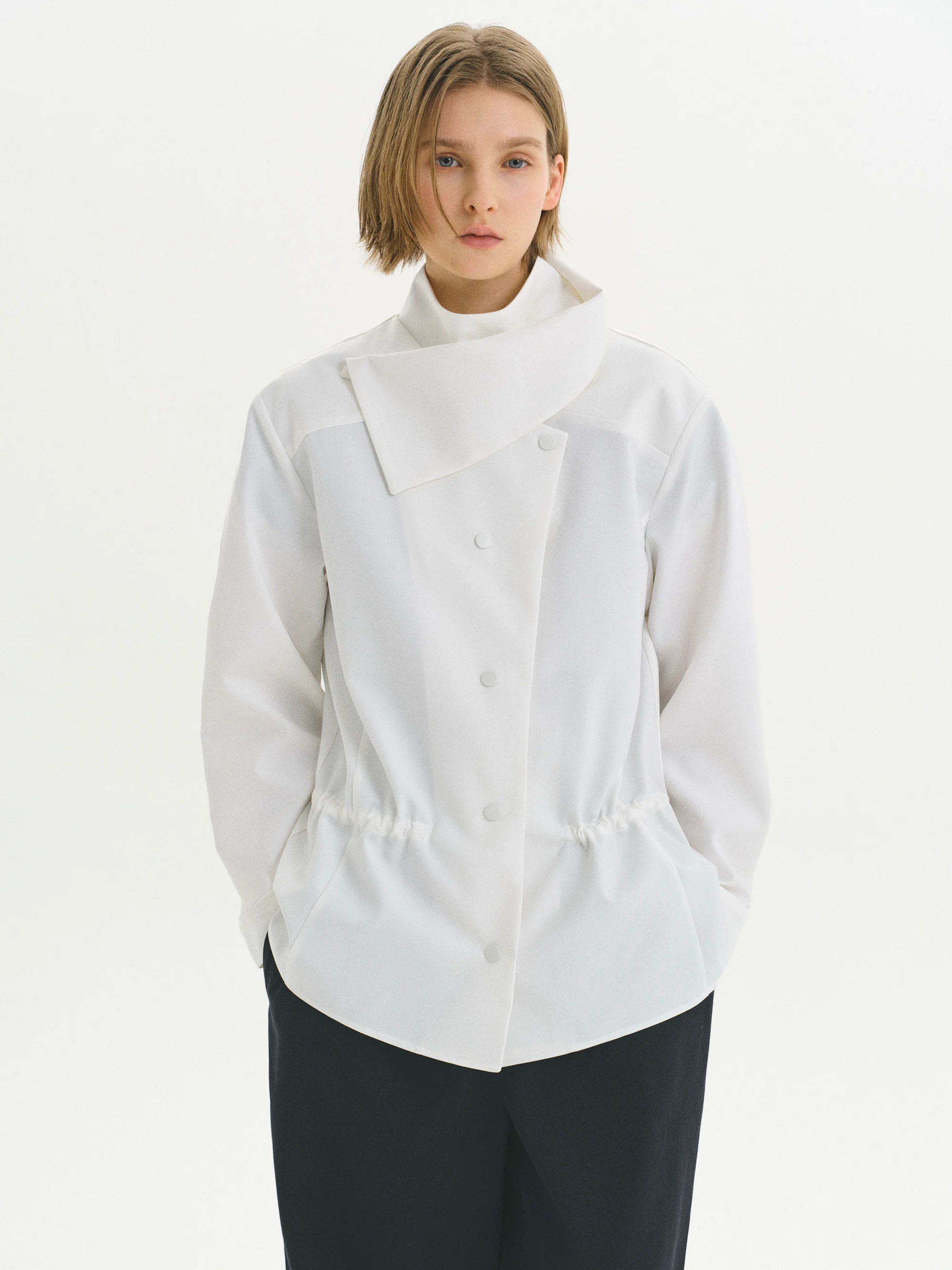 High-Neck Drawstring Jacket, Ivory