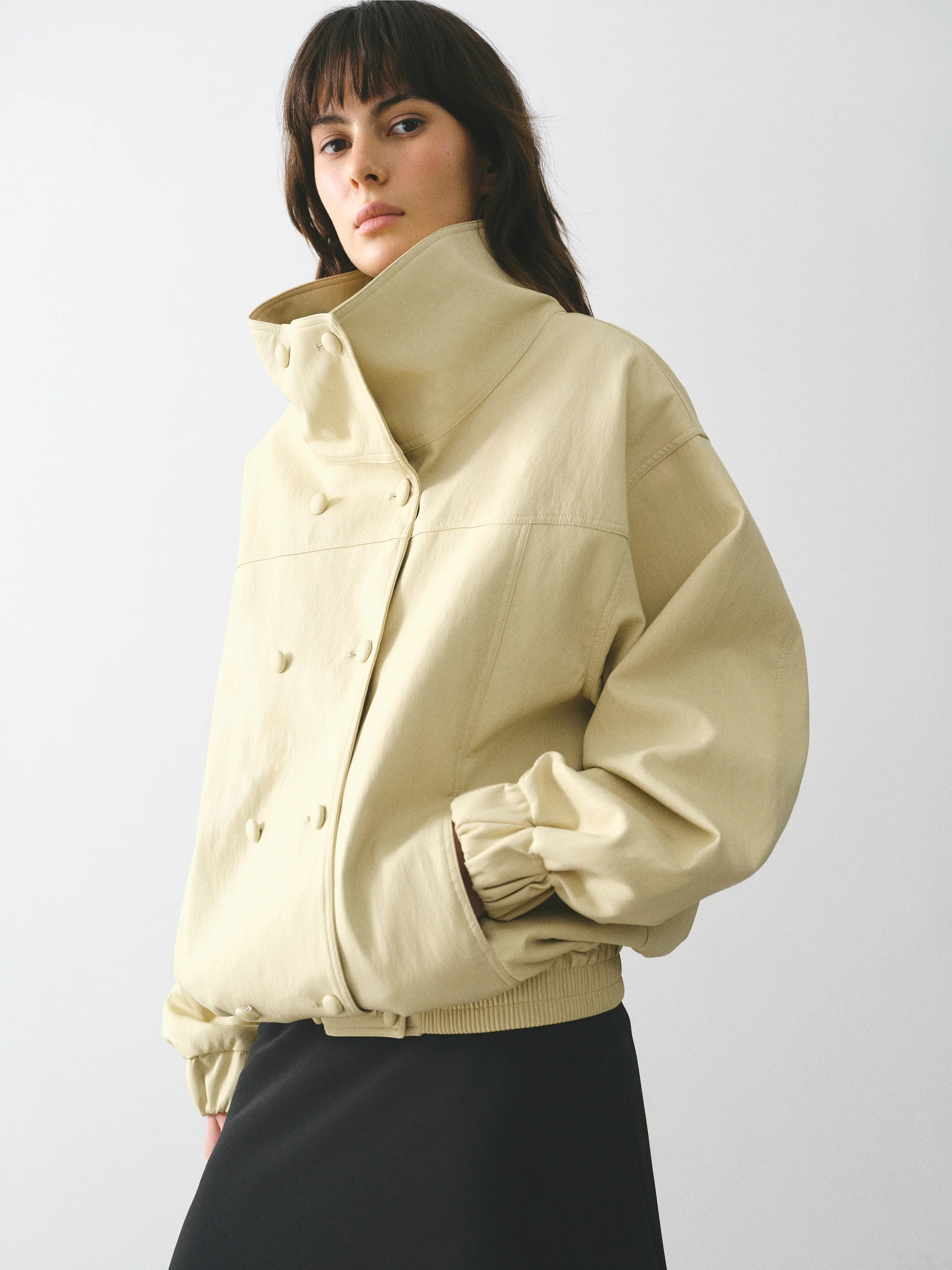 High-Neck Faux-Leather Blouson, Butter