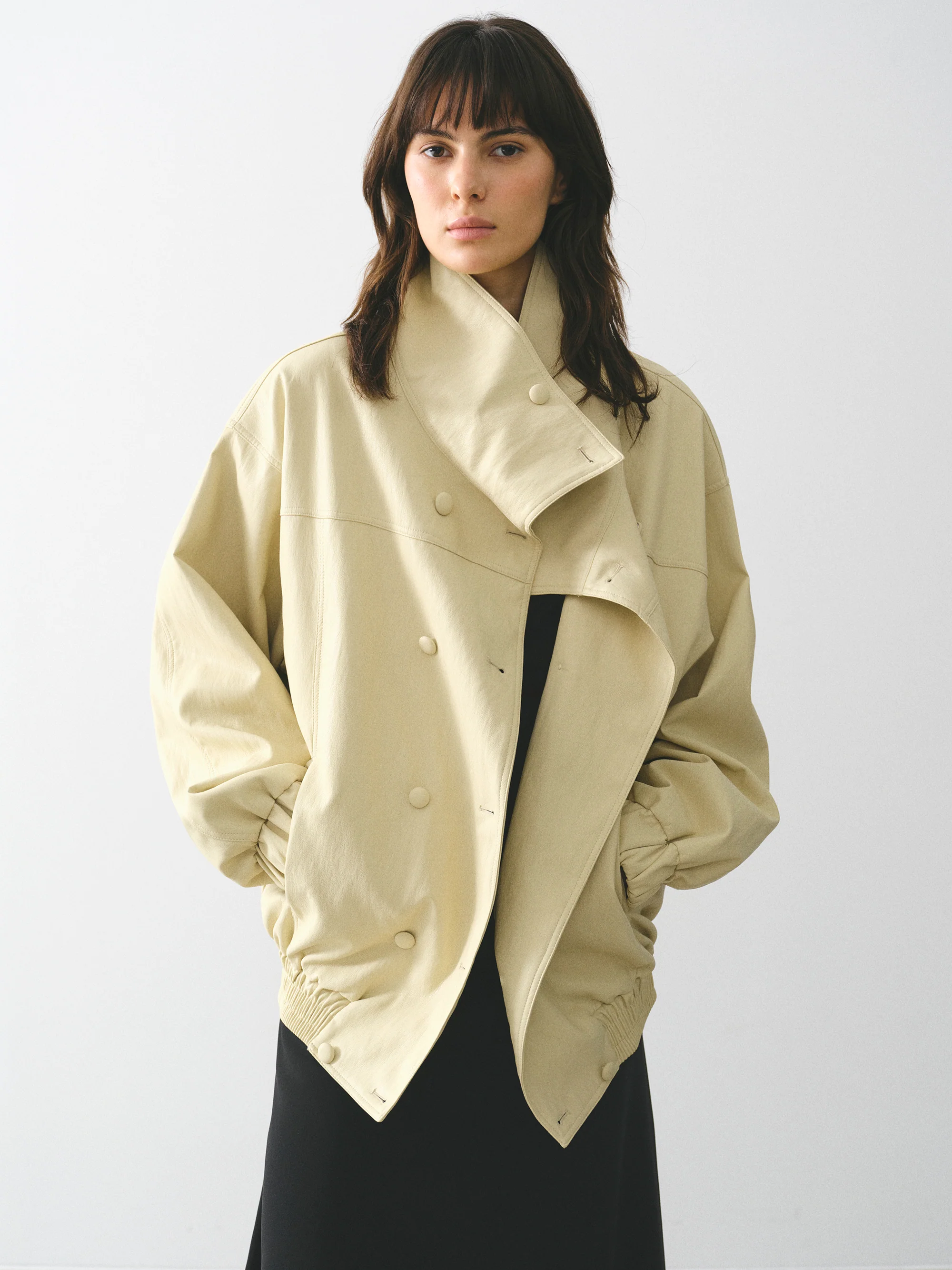 High-Neck Faux-Leather Blouson, Butter - Image 2