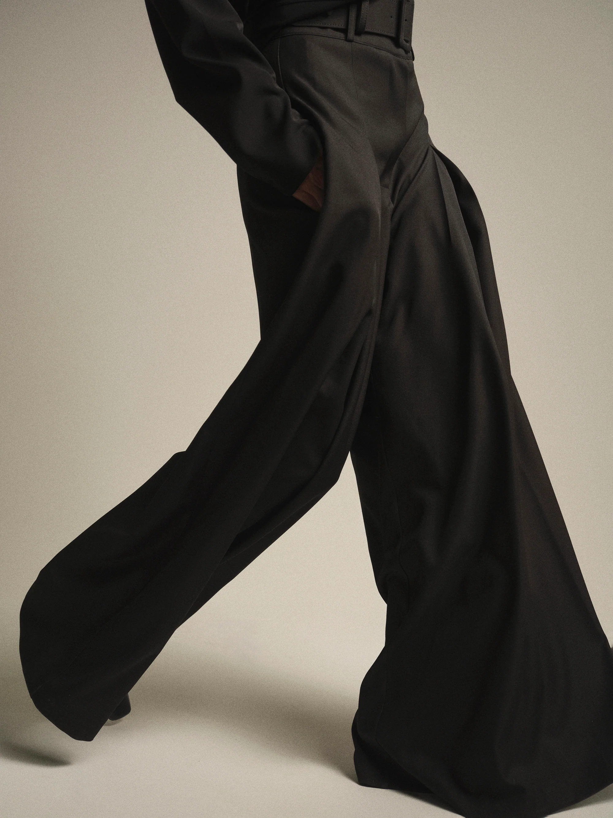High-Waist Belted Trousers, Black