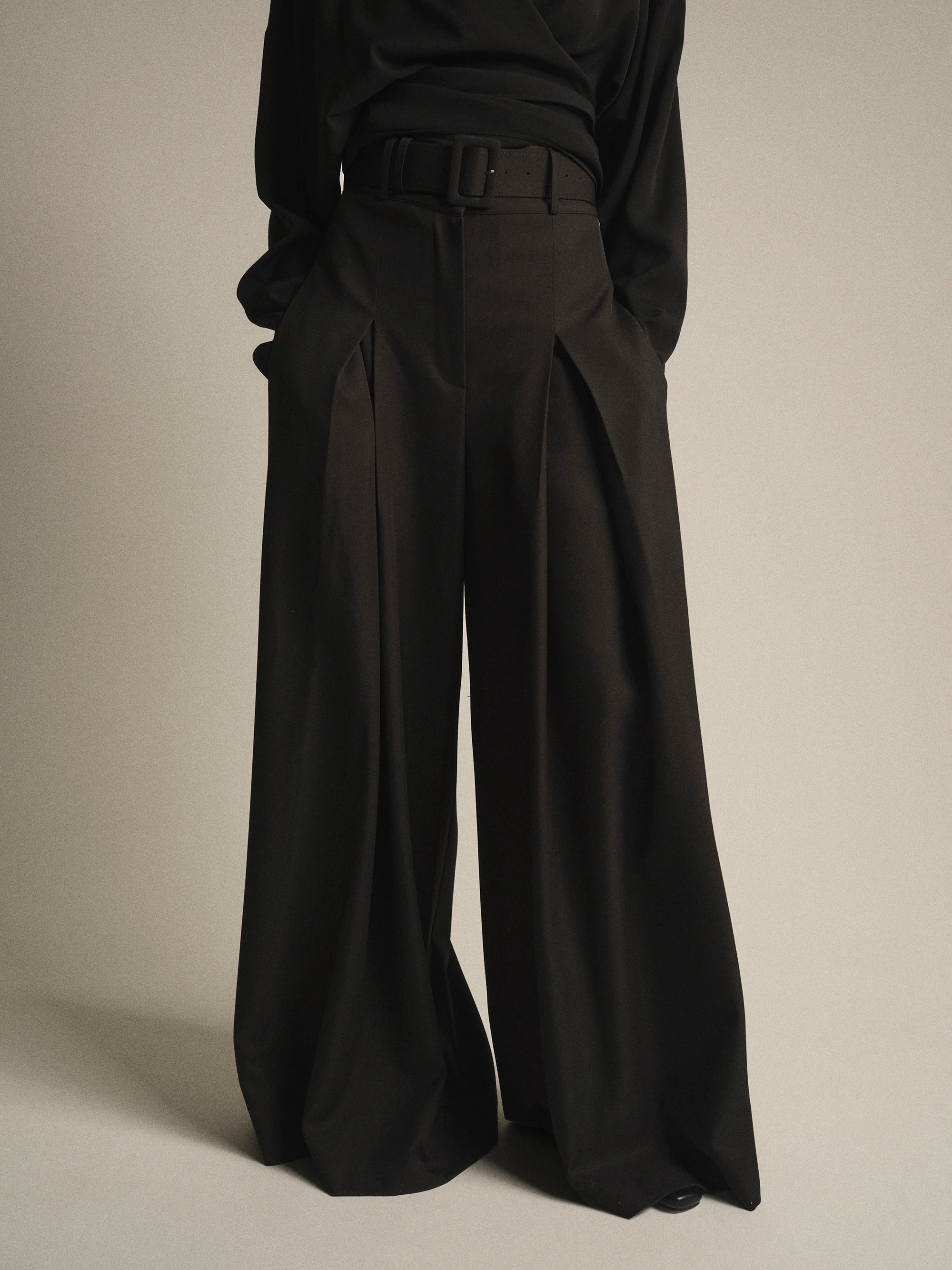 High-Waist Belted Trousers, Black - Image 2