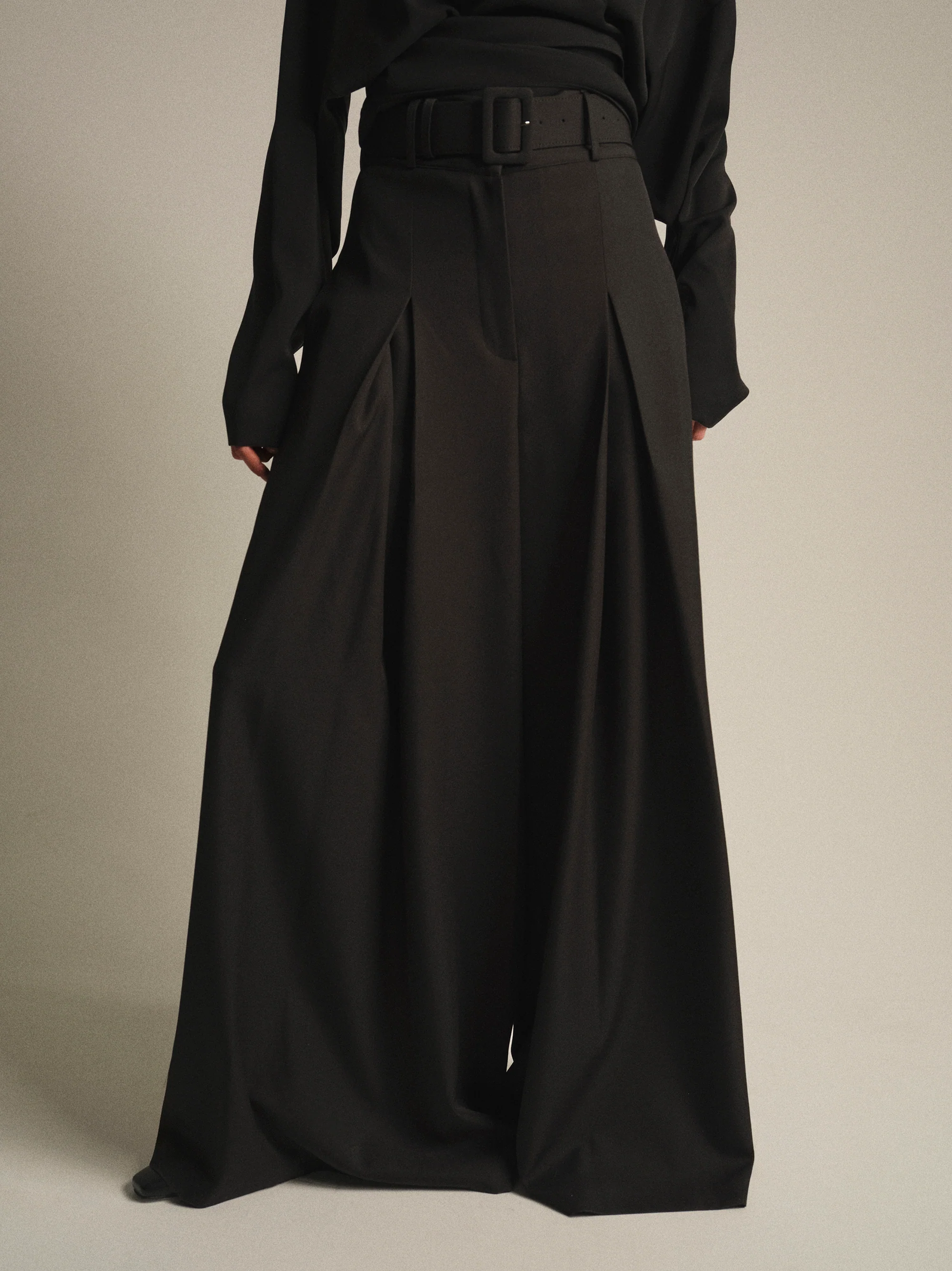 High-Waist Belted Trousers, Black - Image 4
