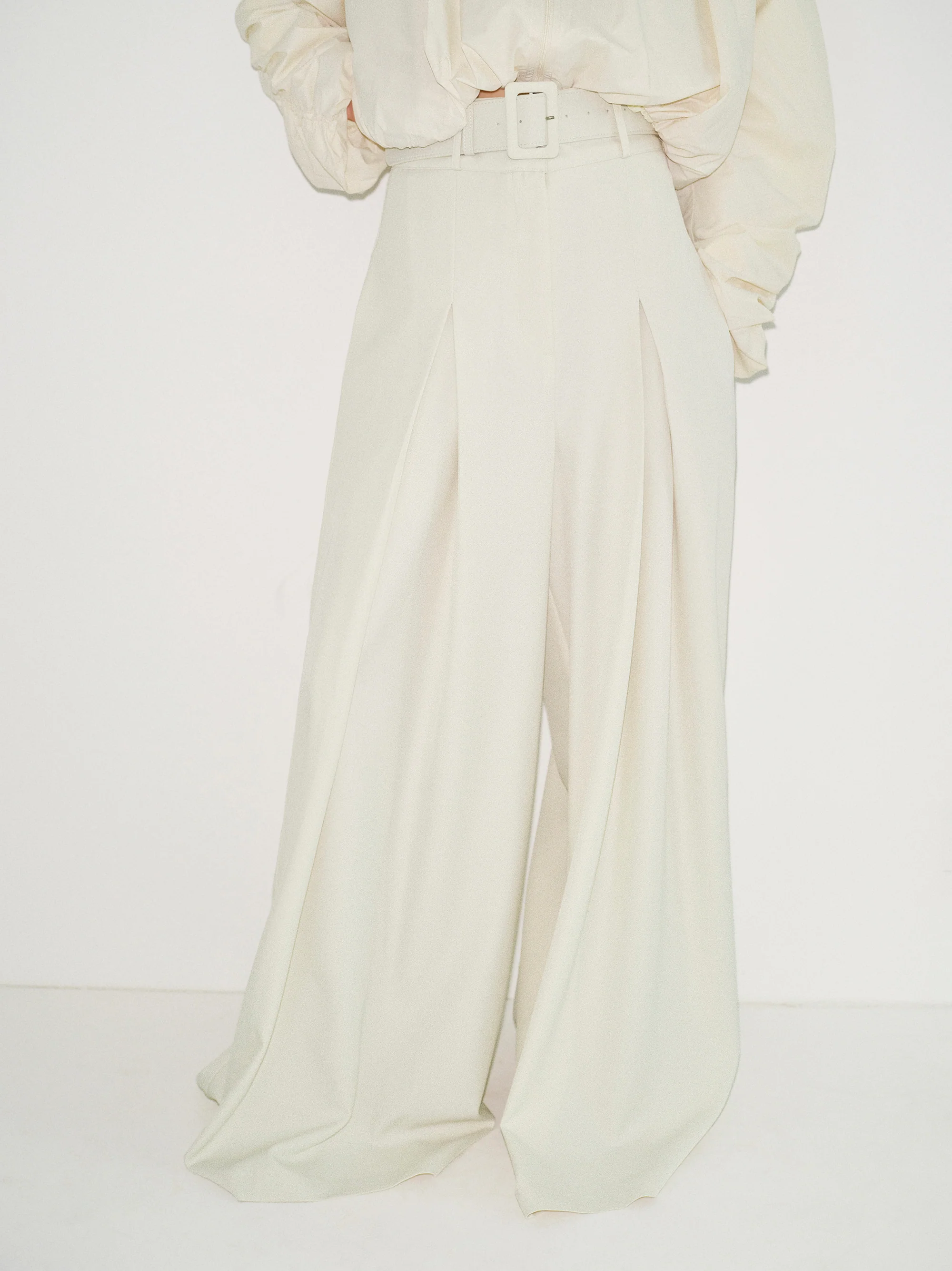 High-Waist Belted Trousers, Ivory