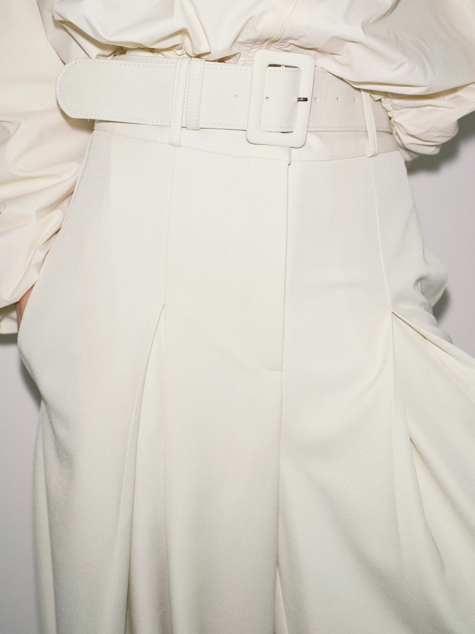 High-Waist Belted Trousers, Ivory - Image 2