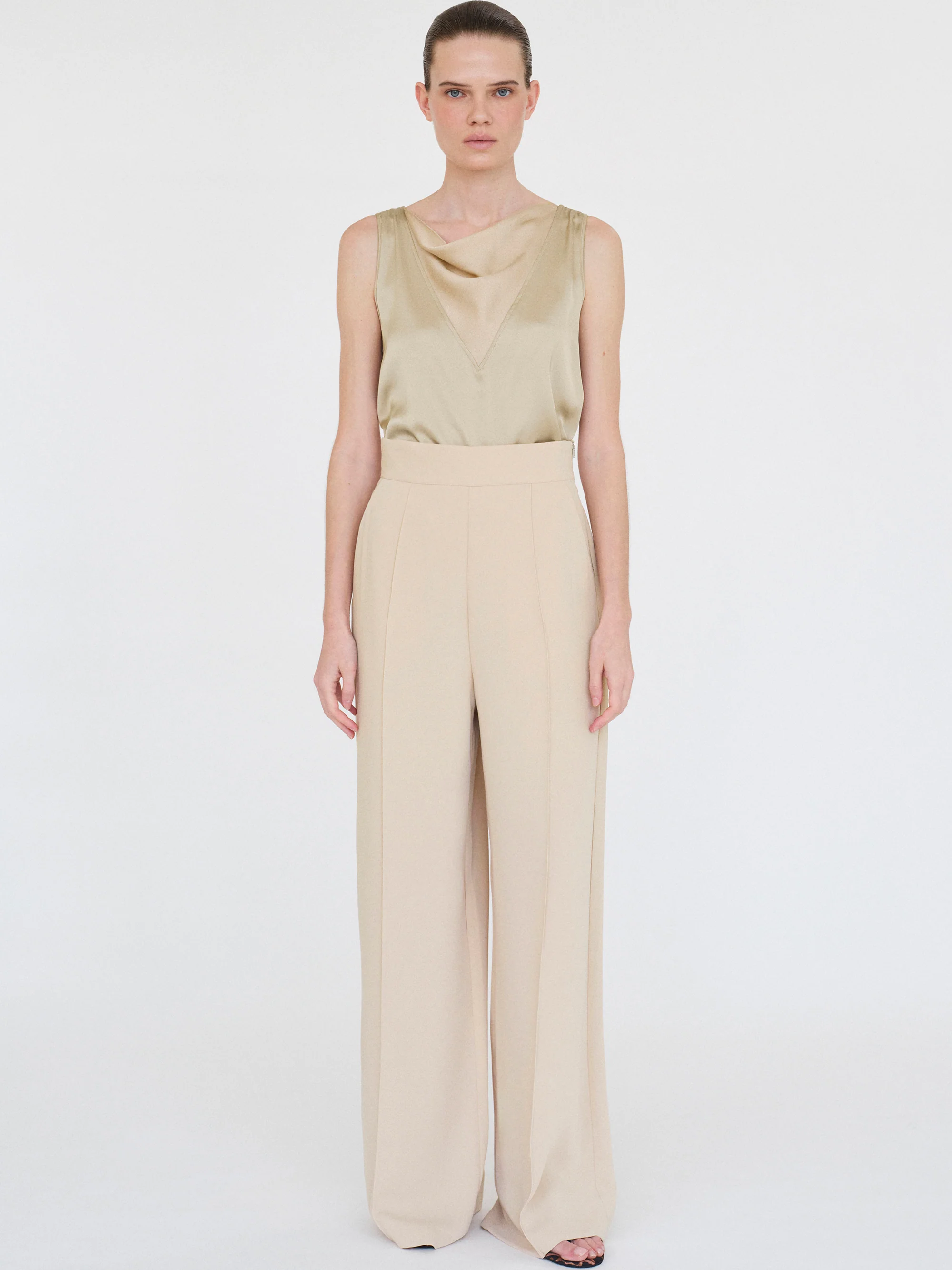 High-Waisted Crepe Pants, Mushroom - Image 2