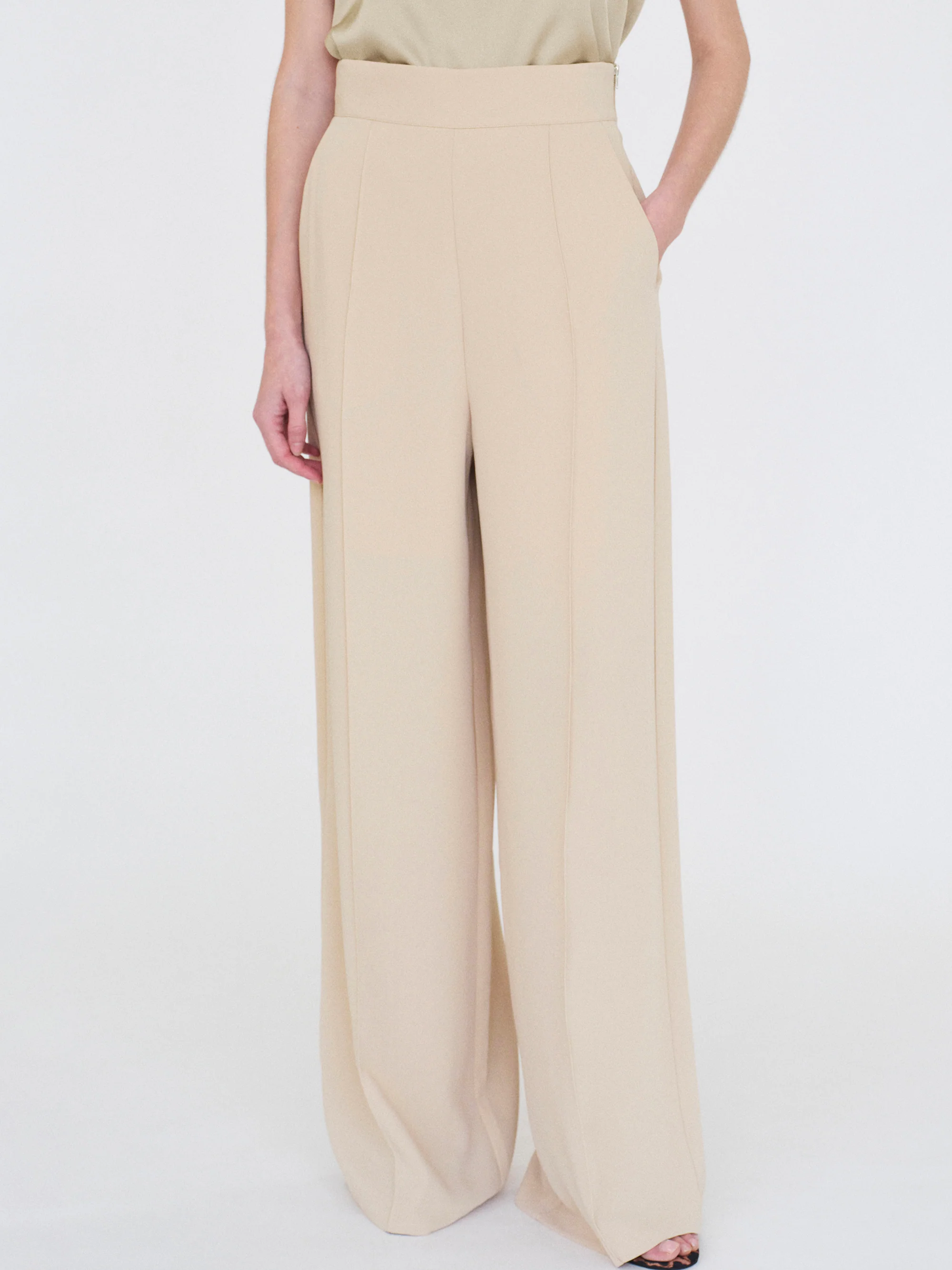 High-Waisted Crepe Pants, Mushroom - Image 3