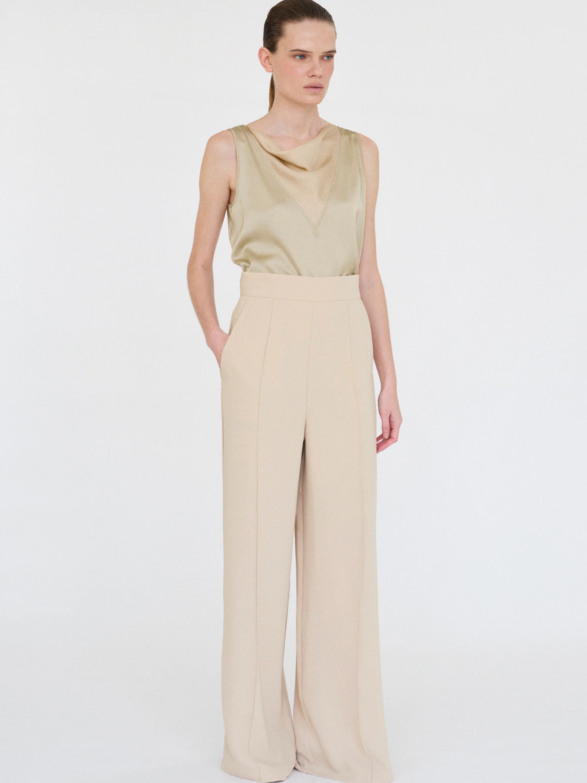 High-Waisted Crepe Pants, Mushroom - Image 5