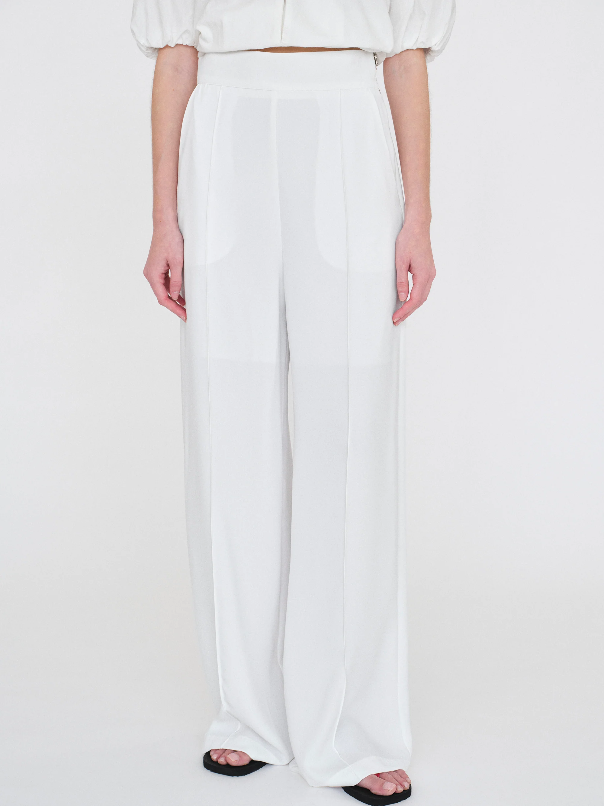 High-Waisted Crepe Pants, White