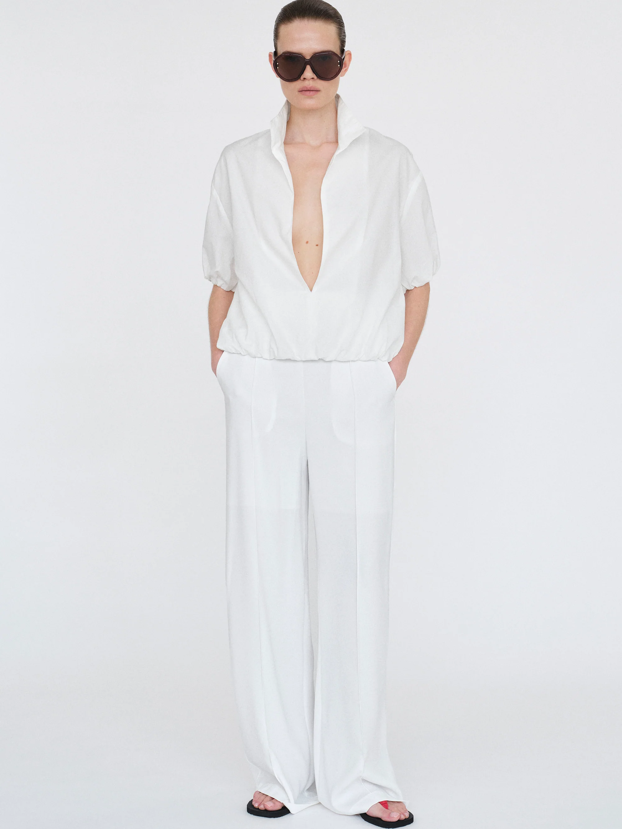 High-Waisted Crepe Pants, White - Image 3
