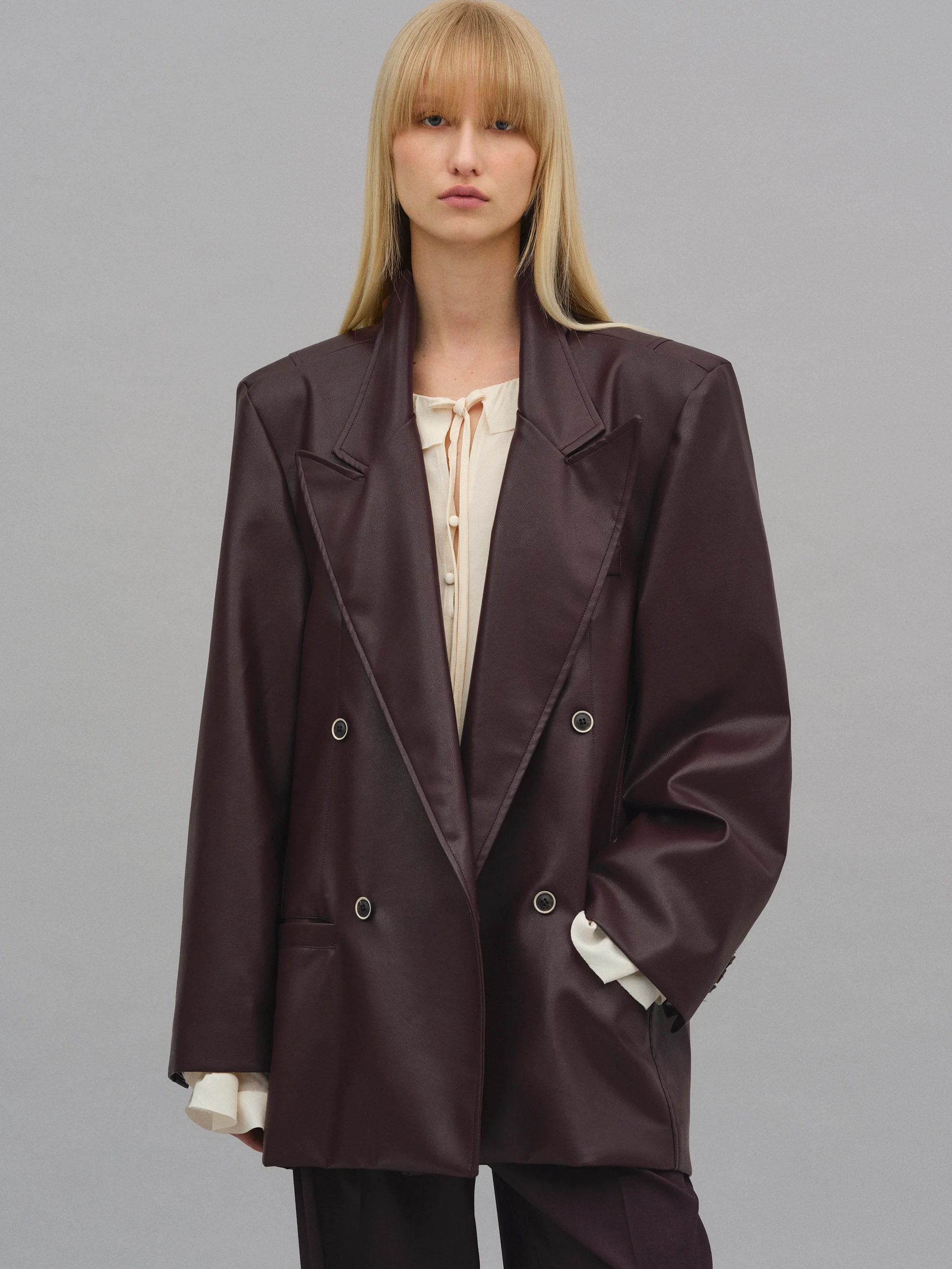 Kasos Faux Leather Double-Breasted Blazer, Brown