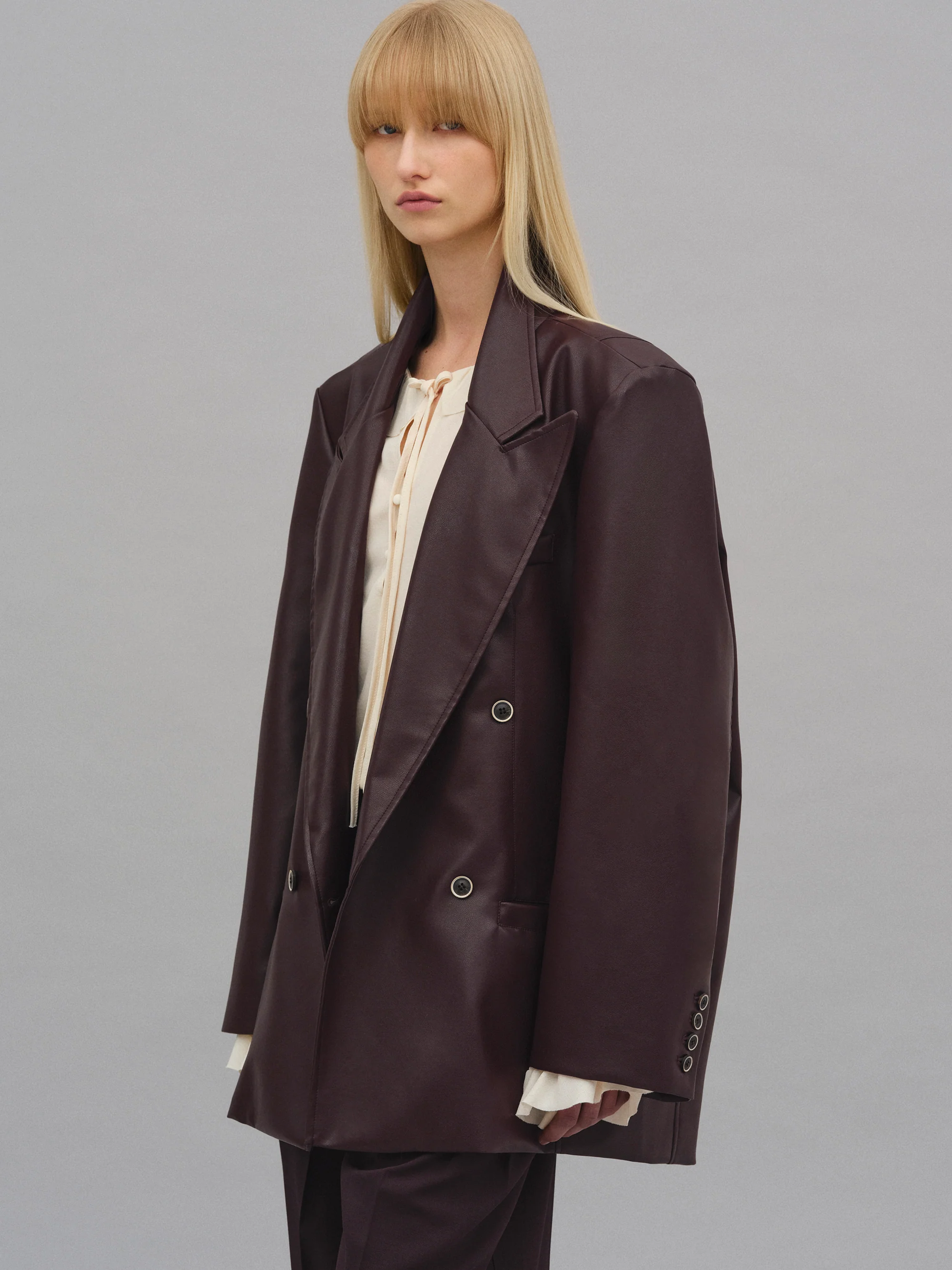 Kasos Faux Leather Double-Breasted Blazer, Brown - Image 2