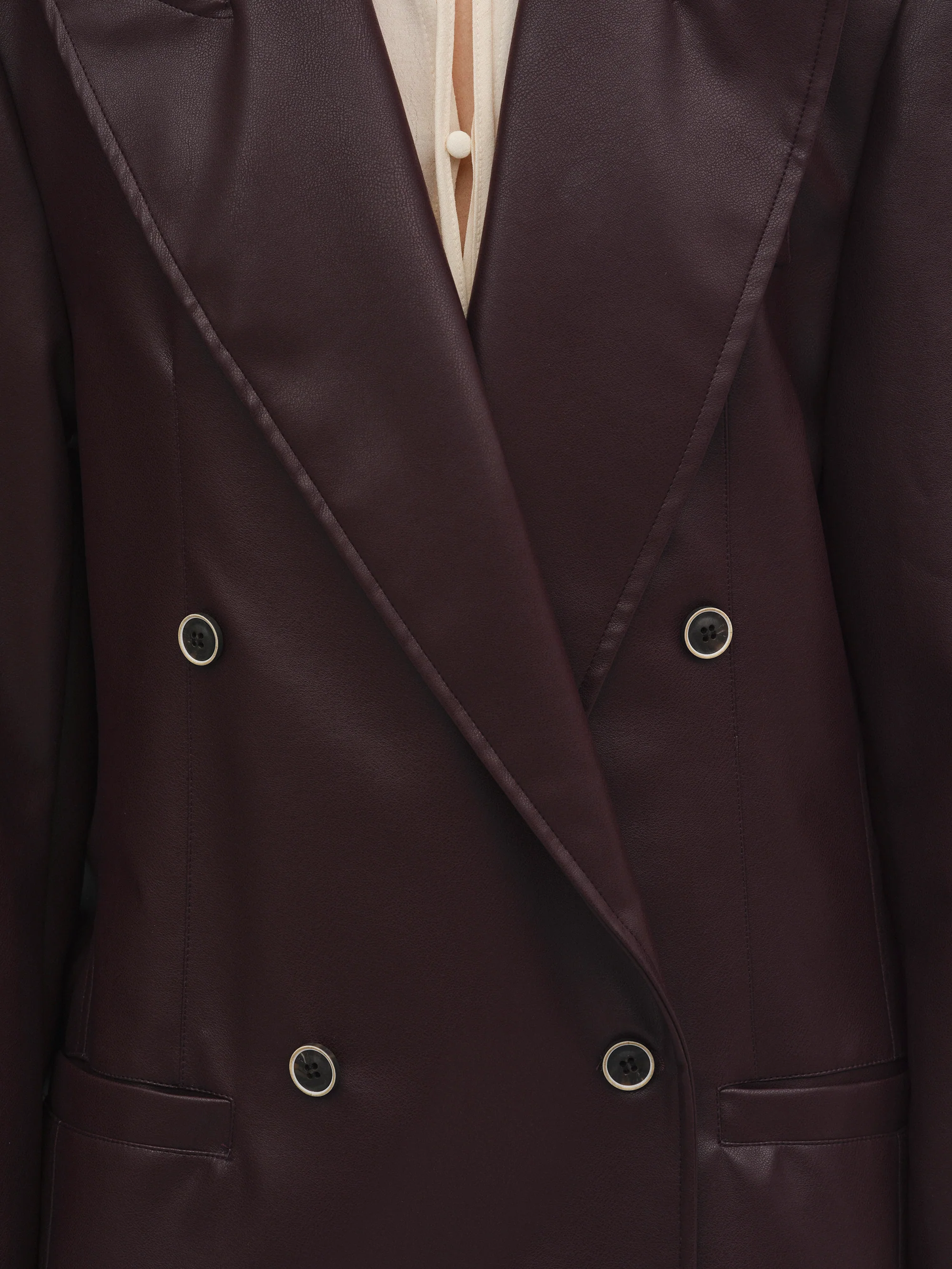Kasos Faux Leather Double-Breasted Blazer, Brown - Image 3