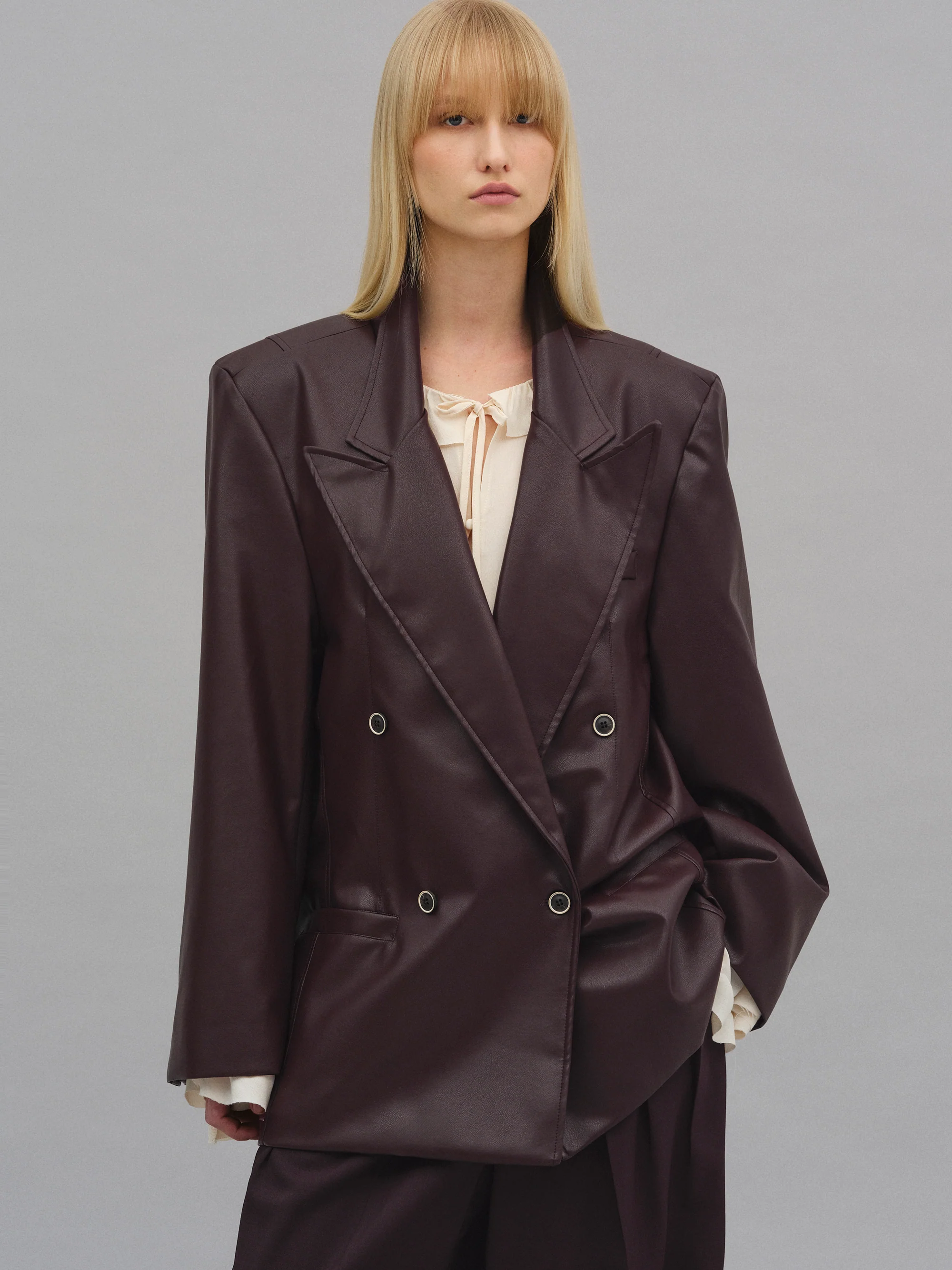 Kasos Faux Leather Double-Breasted Blazer, Brown - Image 4