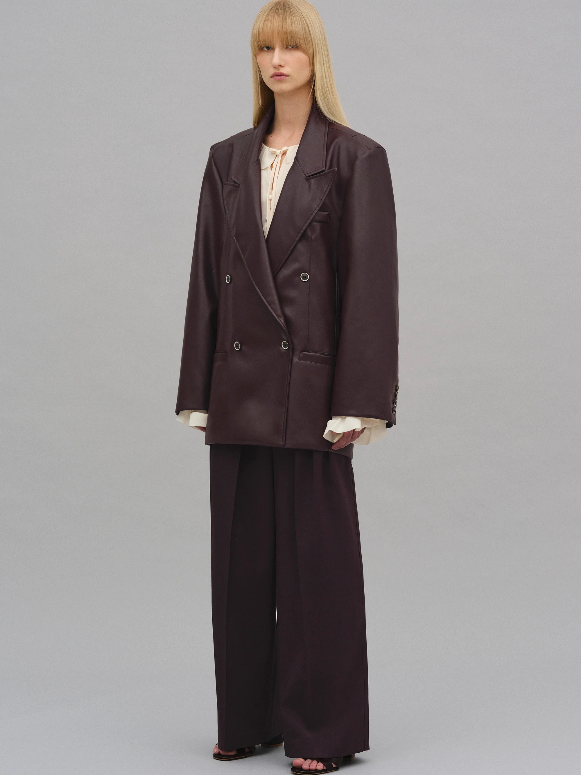 Kasos Faux Leather Double-Breasted Blazer, Brown - Image 5
