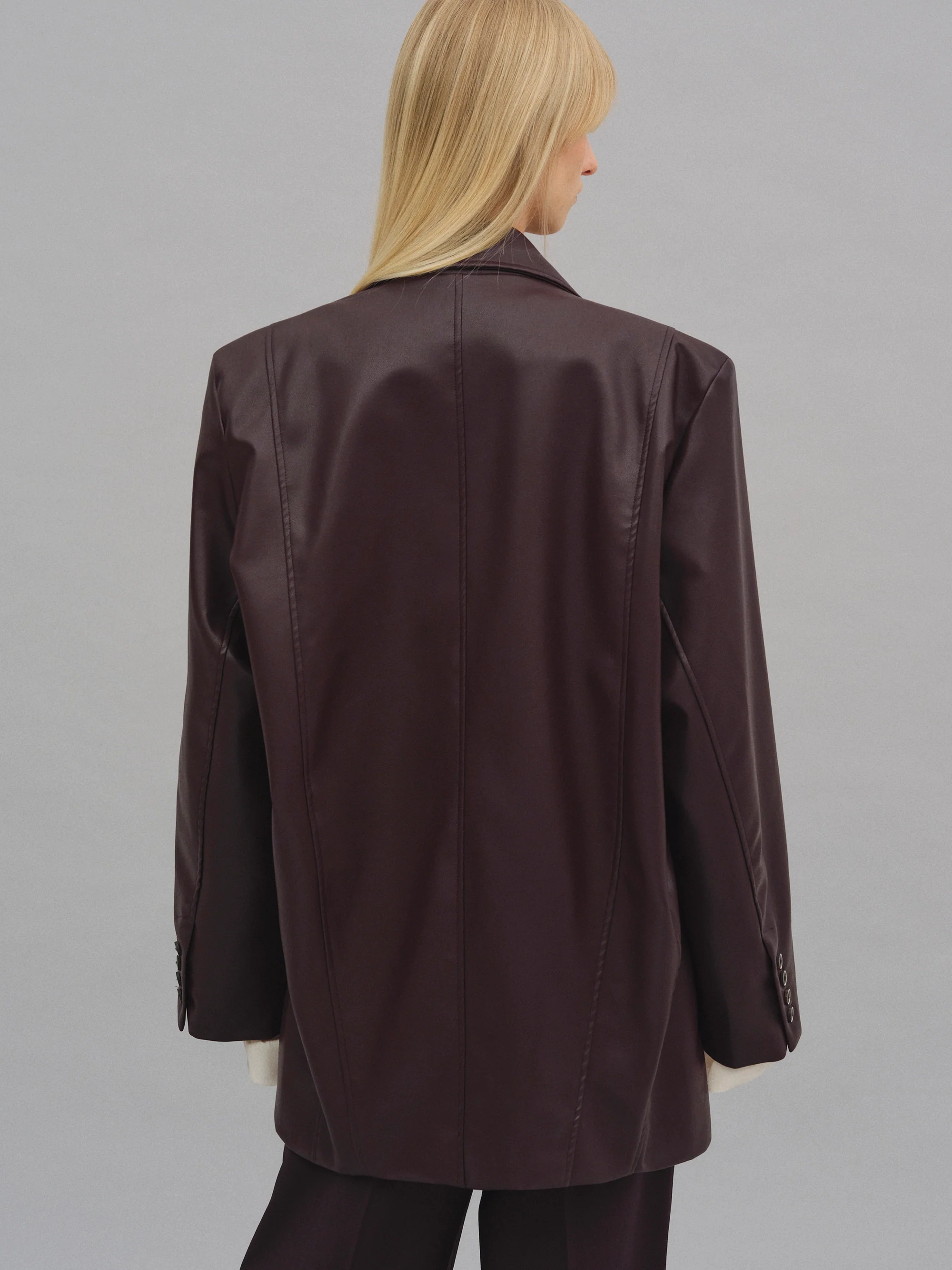 Kasos Faux Leather Double-Breasted Blazer, Brown - Image 6